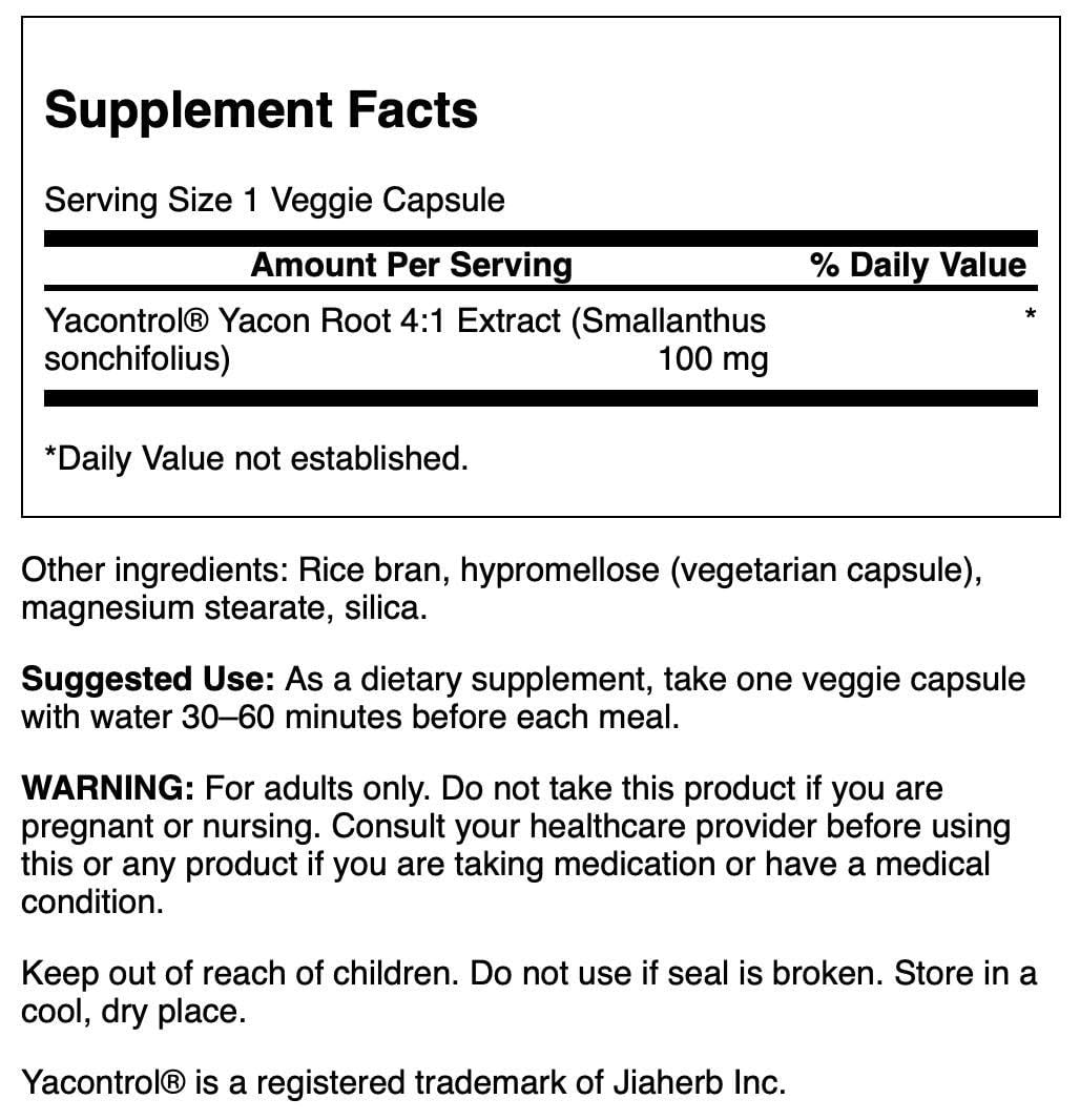 Detalle de cápsulas vegetales Swanson Yacontrol para apoyo al metabolismo