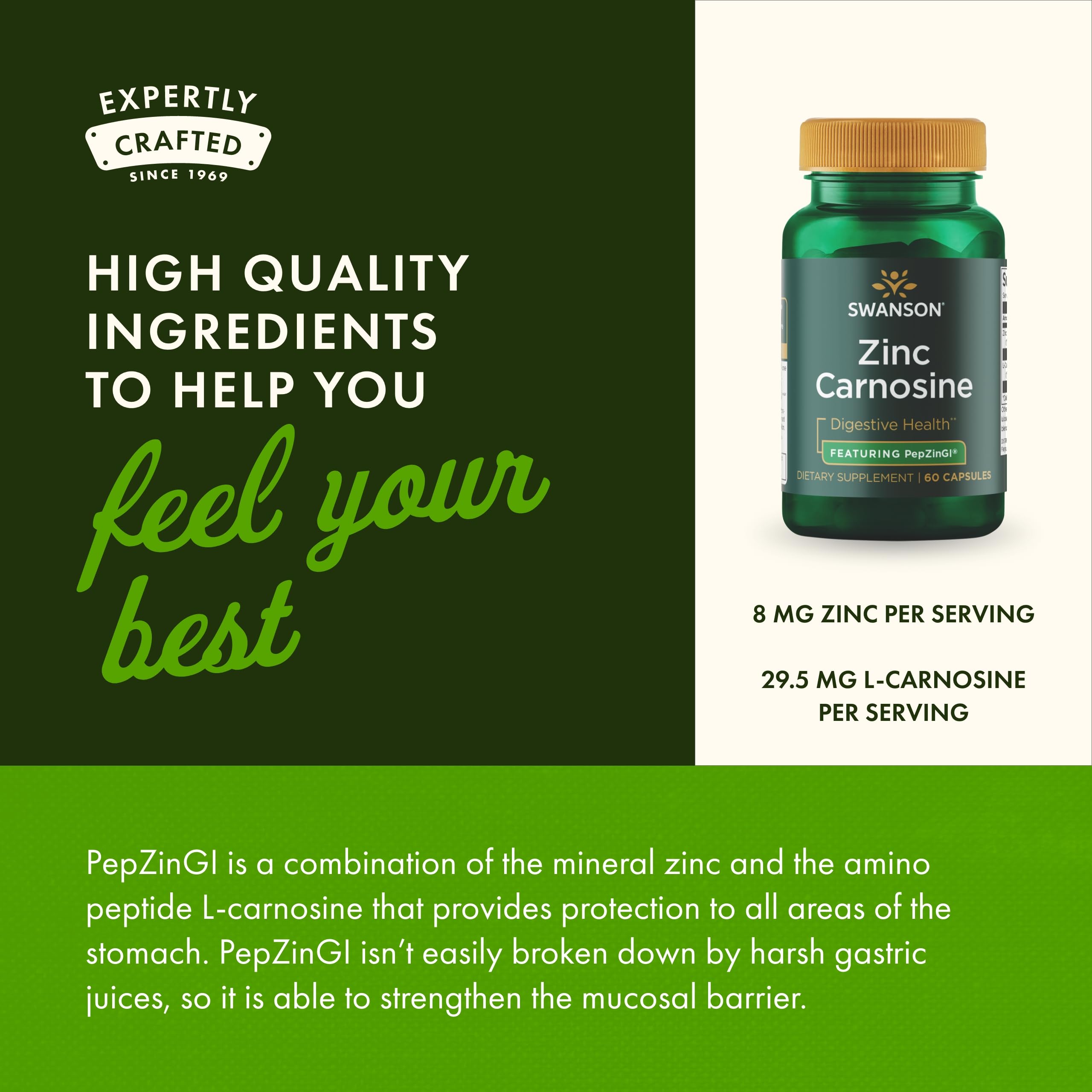 PepZinGI Detalle de Swanson Zinc Carnosine para soporte estomacal.