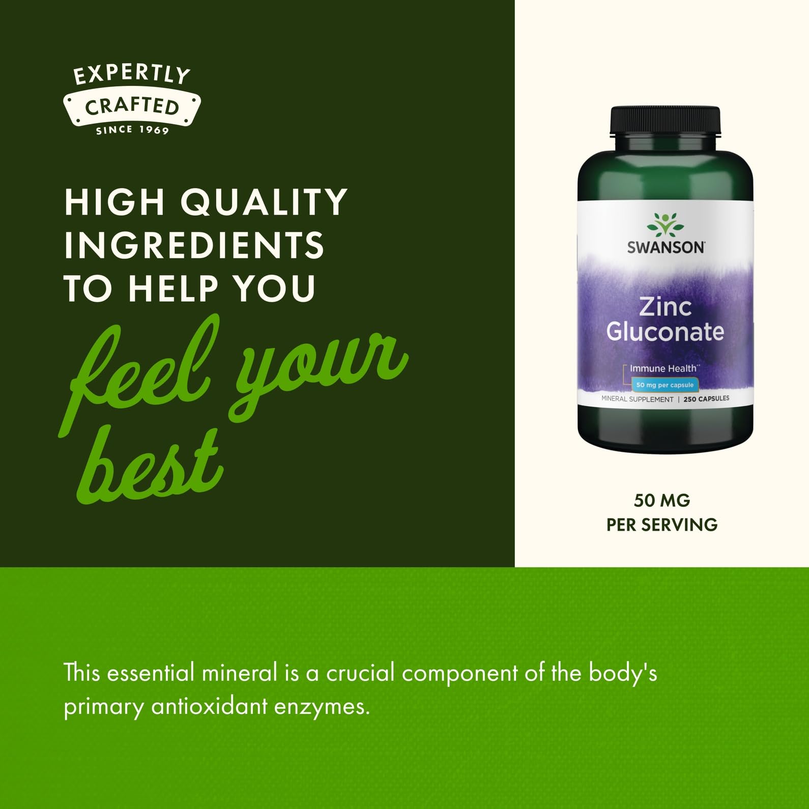 Swanson Zinc Gluconate, empaque de caja, refleja compromiso con calidad y pureza.