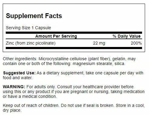 Swanson Zinc Picolinato cápsulas de 22 mg para uso diario.