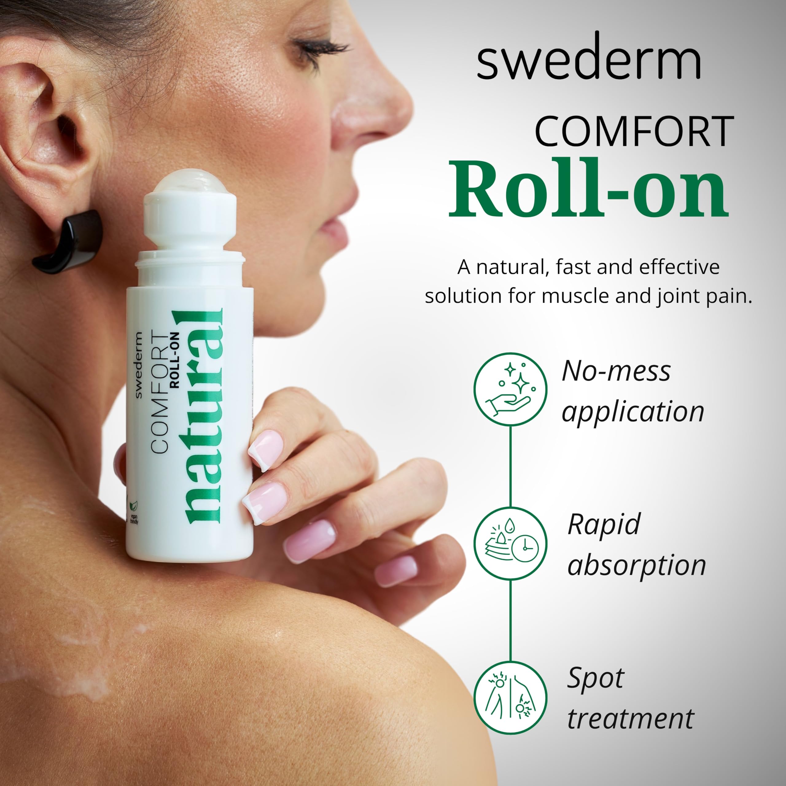 Swederm Gel Alivio Diario, aplicador-rodillo, aplicación localizada y limpia.