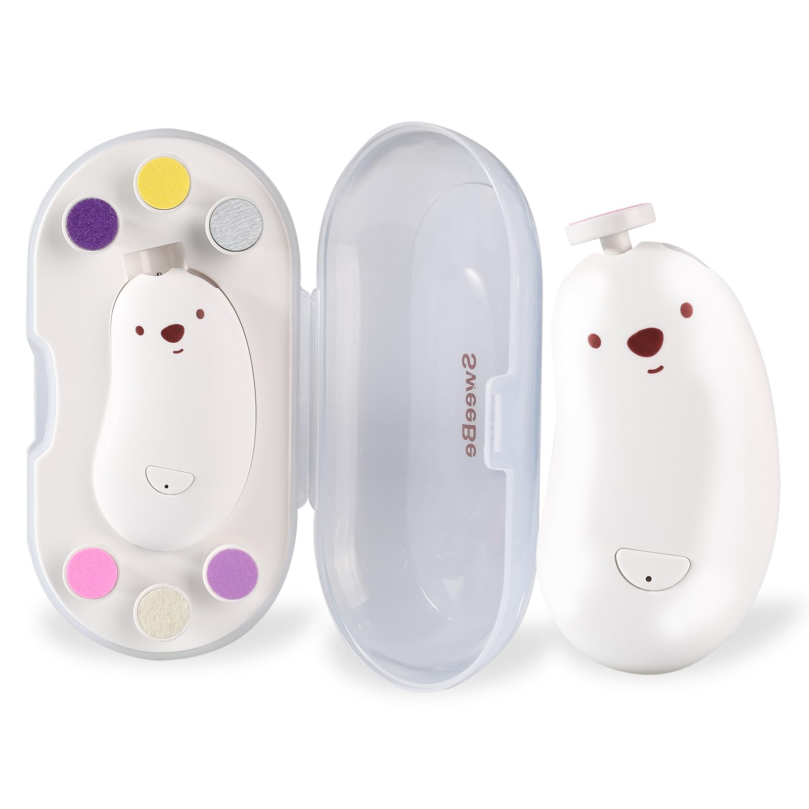 Cortauñas eléctrico SweeBe con diseño oso para bebé, uso suave.