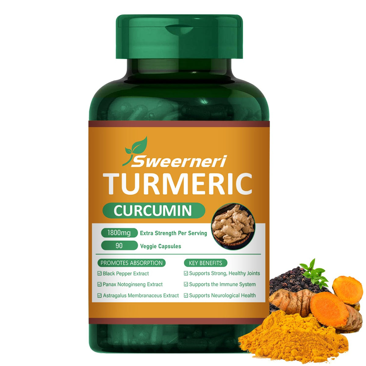 Sweerneri Turmeric Curcumin 1800mg: frasco de cápsulas para movilidad y bienestar diario