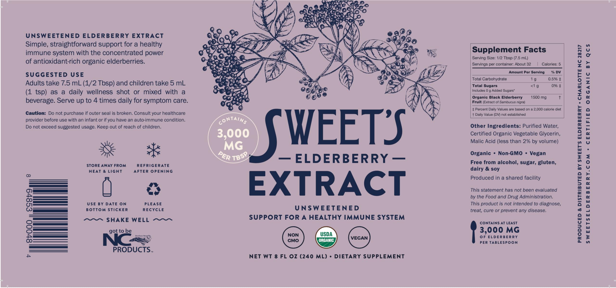Sirope Sweet's Elderberry Extract sin alcohol para dietas keto y veganas