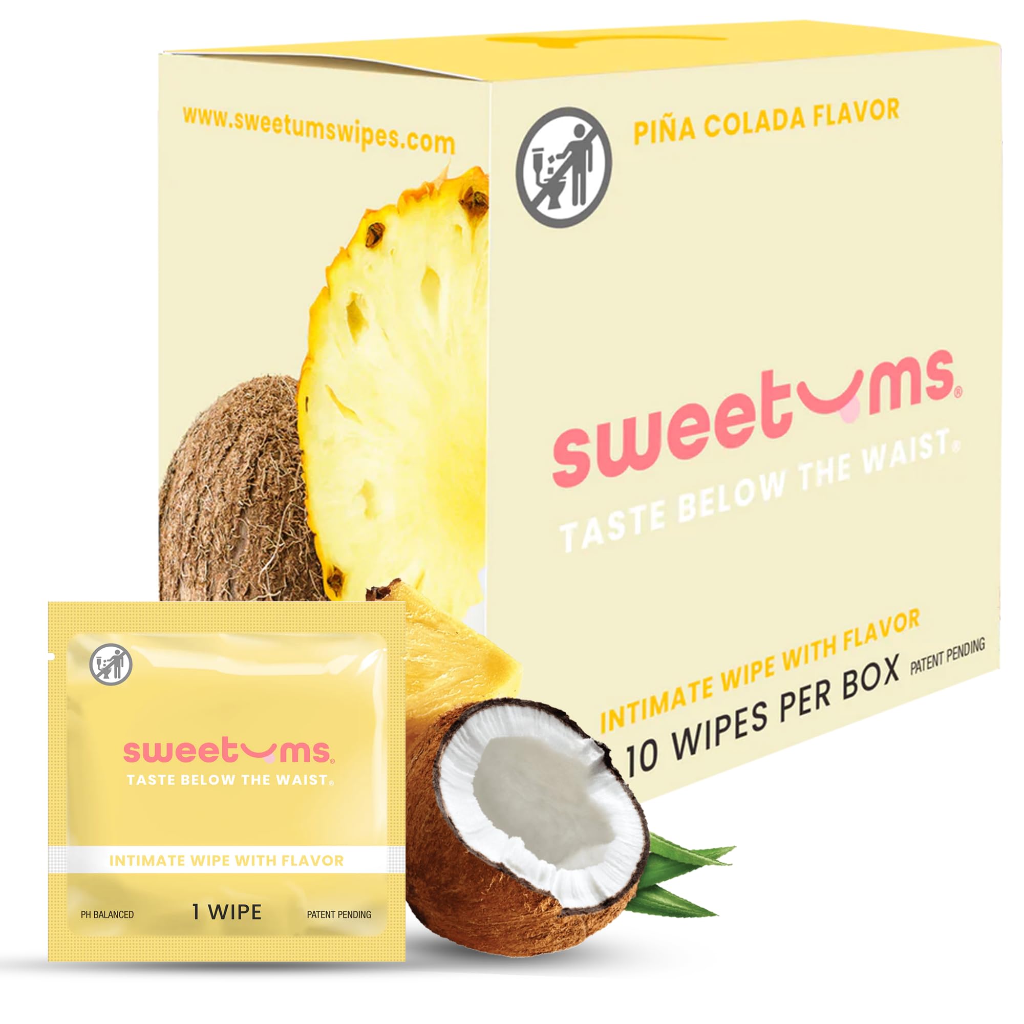 Sweetums toallitas femeninas sabor piña colada, uso individual para frescura diaria.