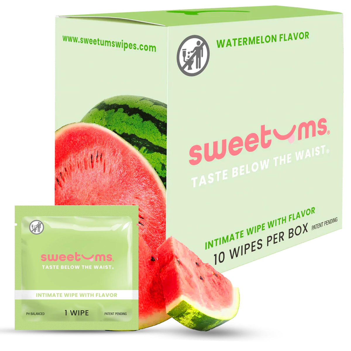 Sweetums: toallitas femeninas sabor sandía en empaque individual para refrescarte en cualquier lugar.