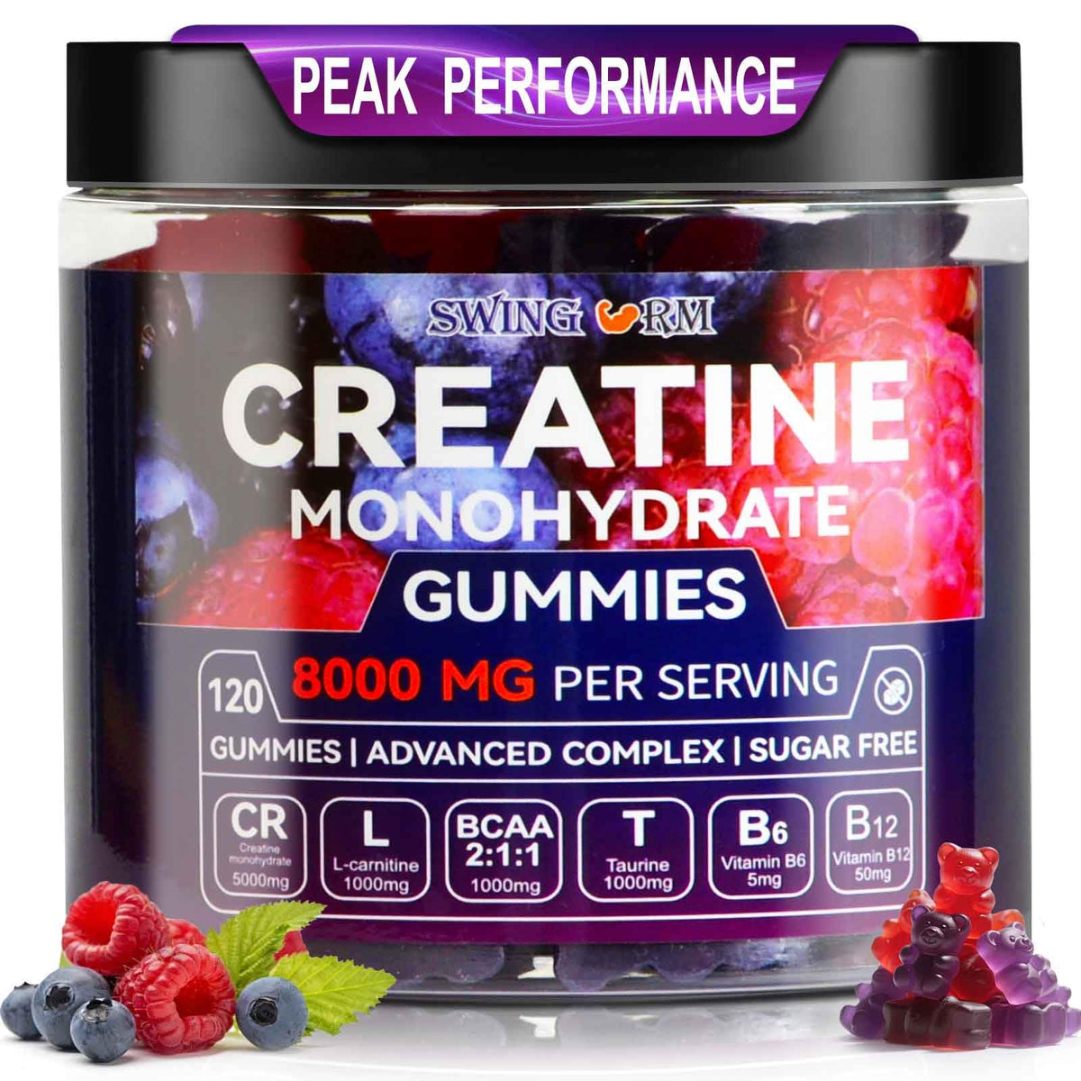 Gomitas de Creatina Swing Arm, empaque frontal para entrenamientos energéticos