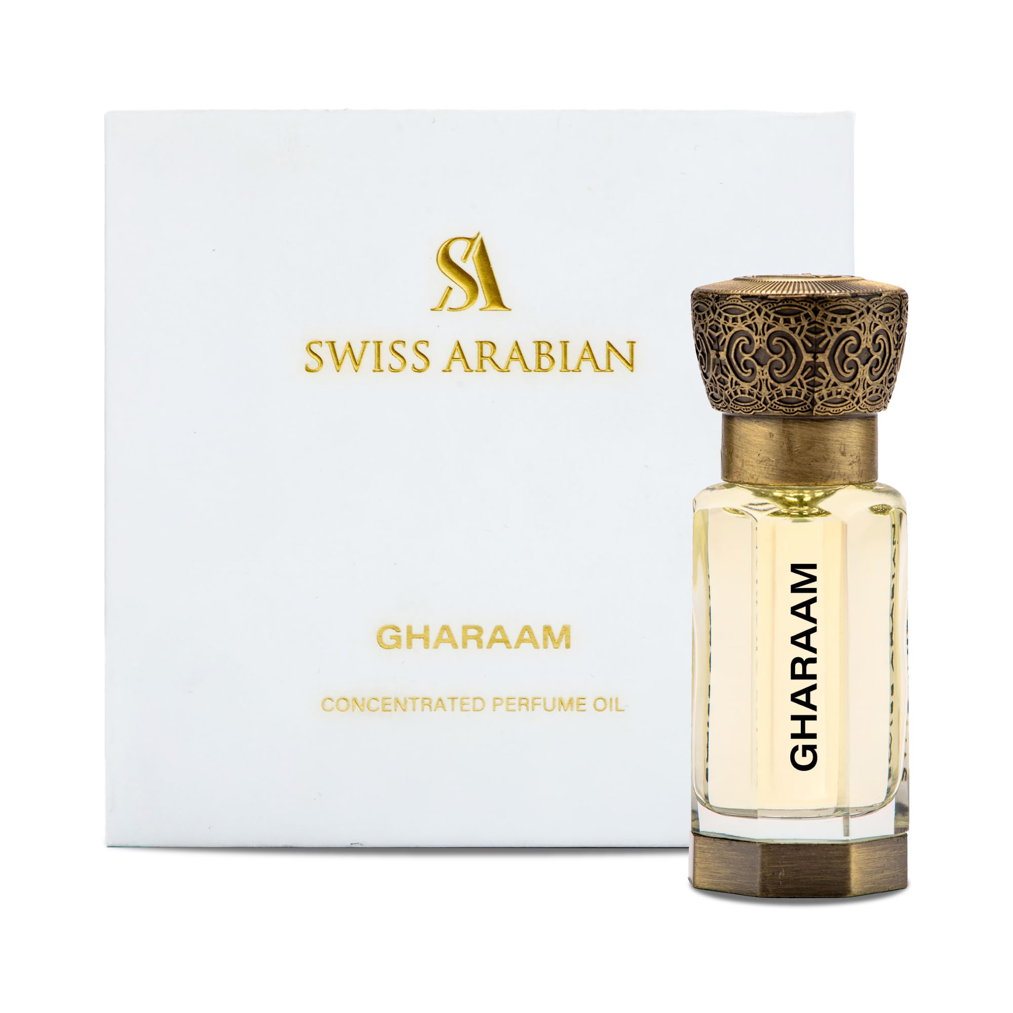 Swiss Arabian Gharaam, vista superior de la botella, aroma duradero y versátil.