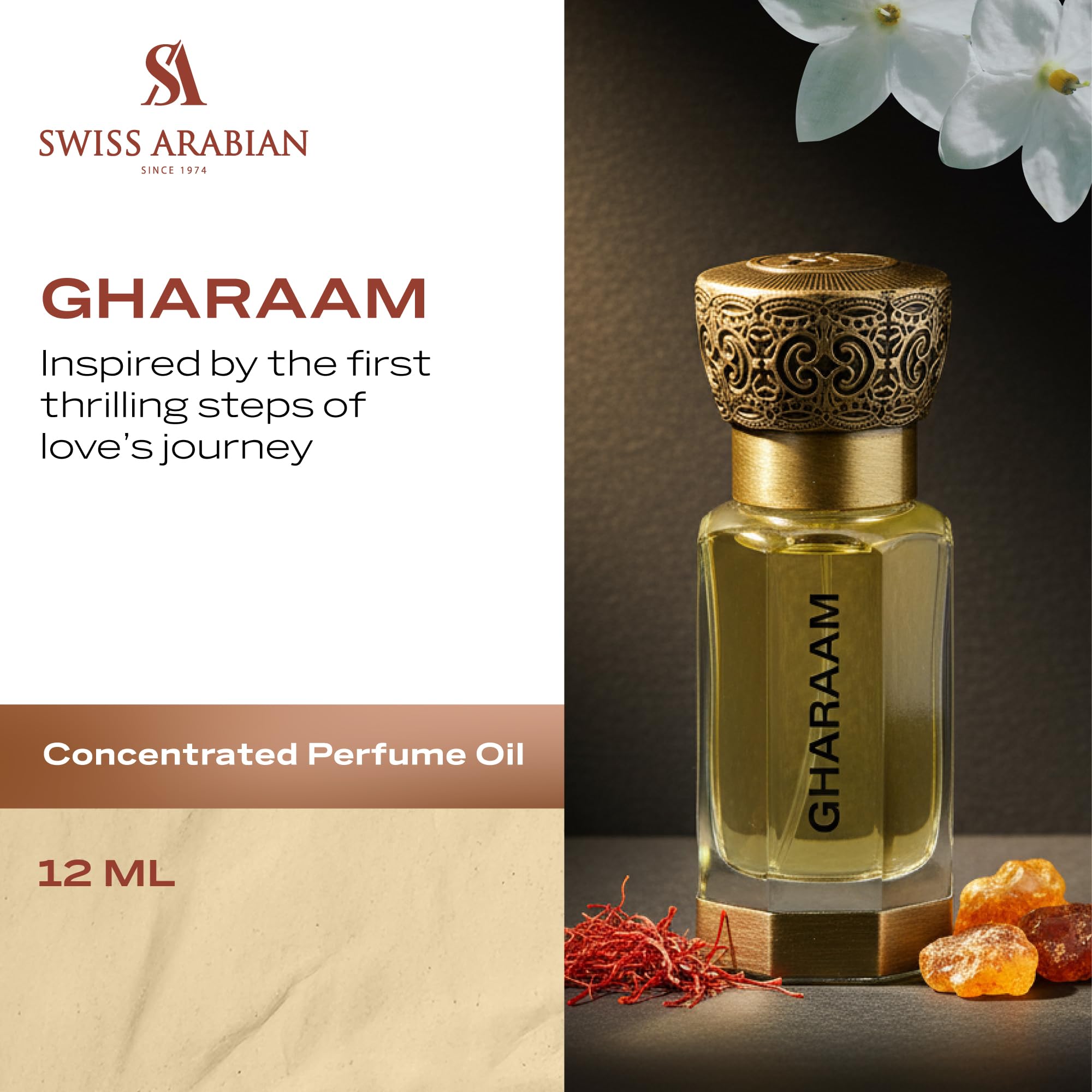 Swiss Arabian Gharaam, envase compacto, ideal para llevar de viaje.