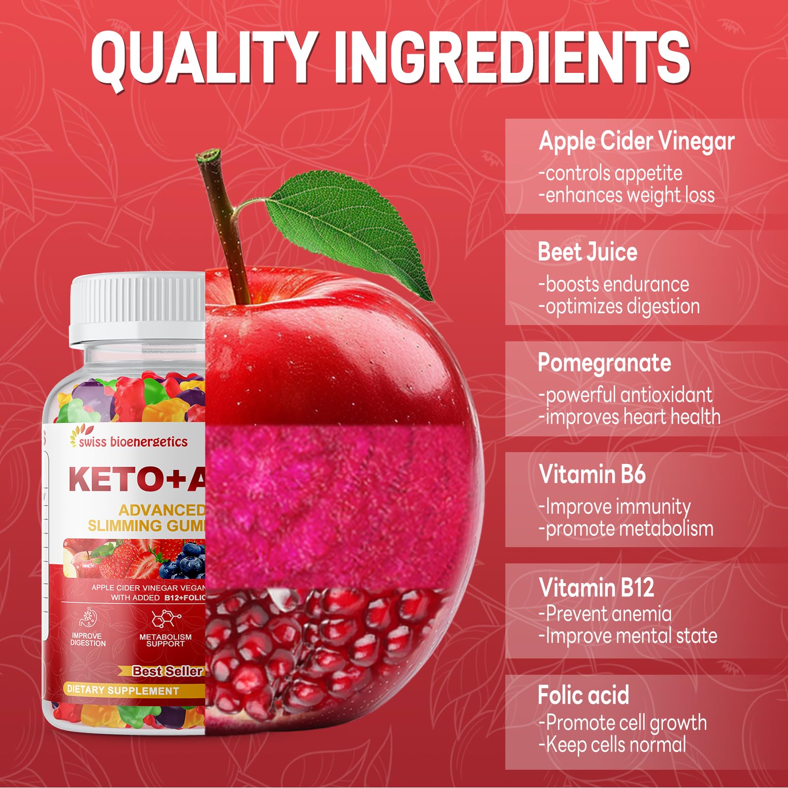 Gomitas Keto ACV de Swiss Bioenergetics sostenidas en la mano, fácil consumo.