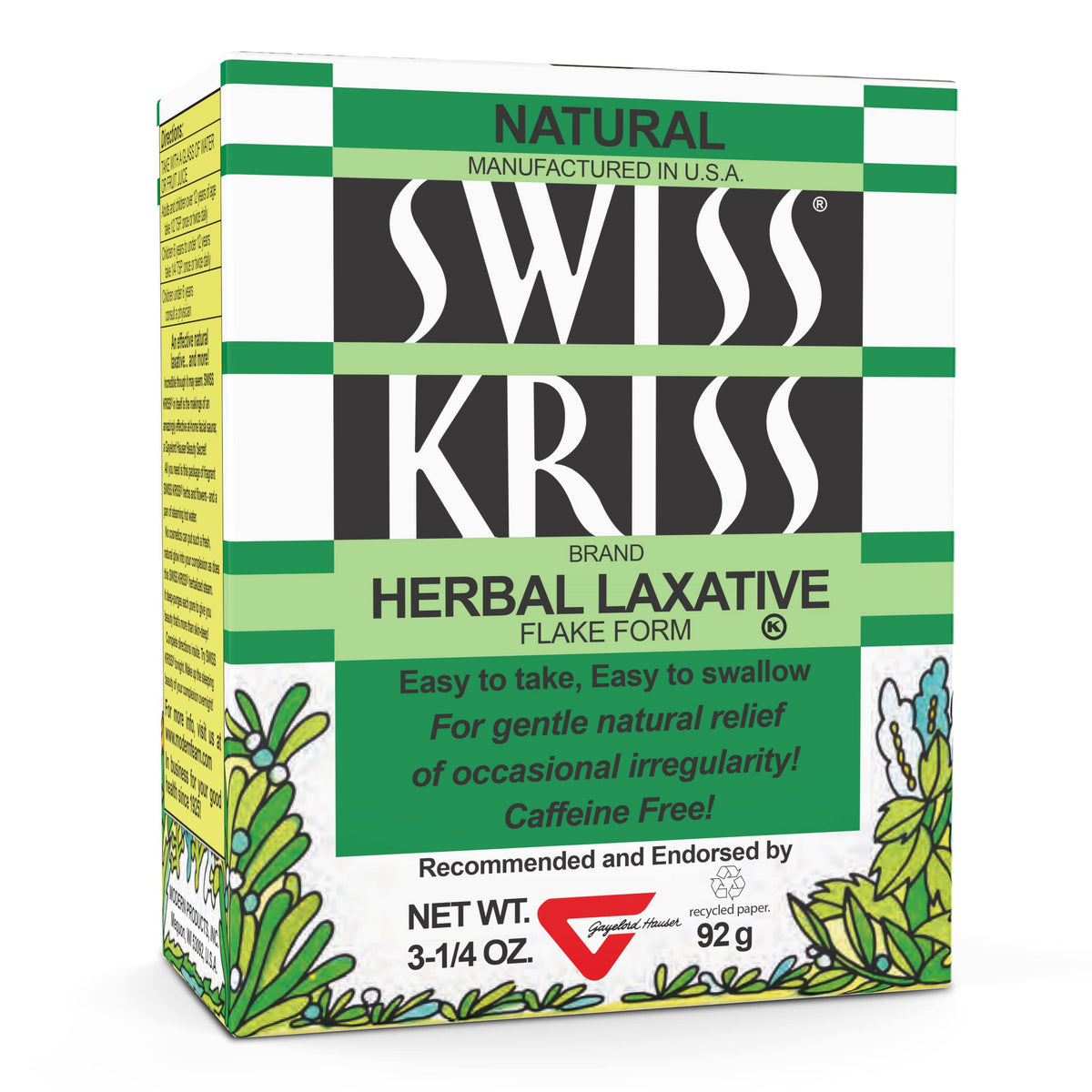 Swiss Kriss escamas laxantes de hierbas, textura suave para uso diario.