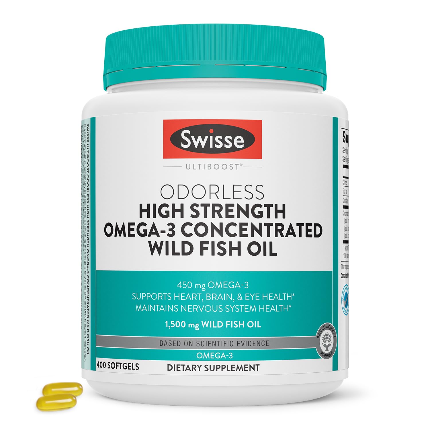 Swisse Aceite de Pescado sin olor en botella para apoyar salud cardíaca, cerebral y visual.