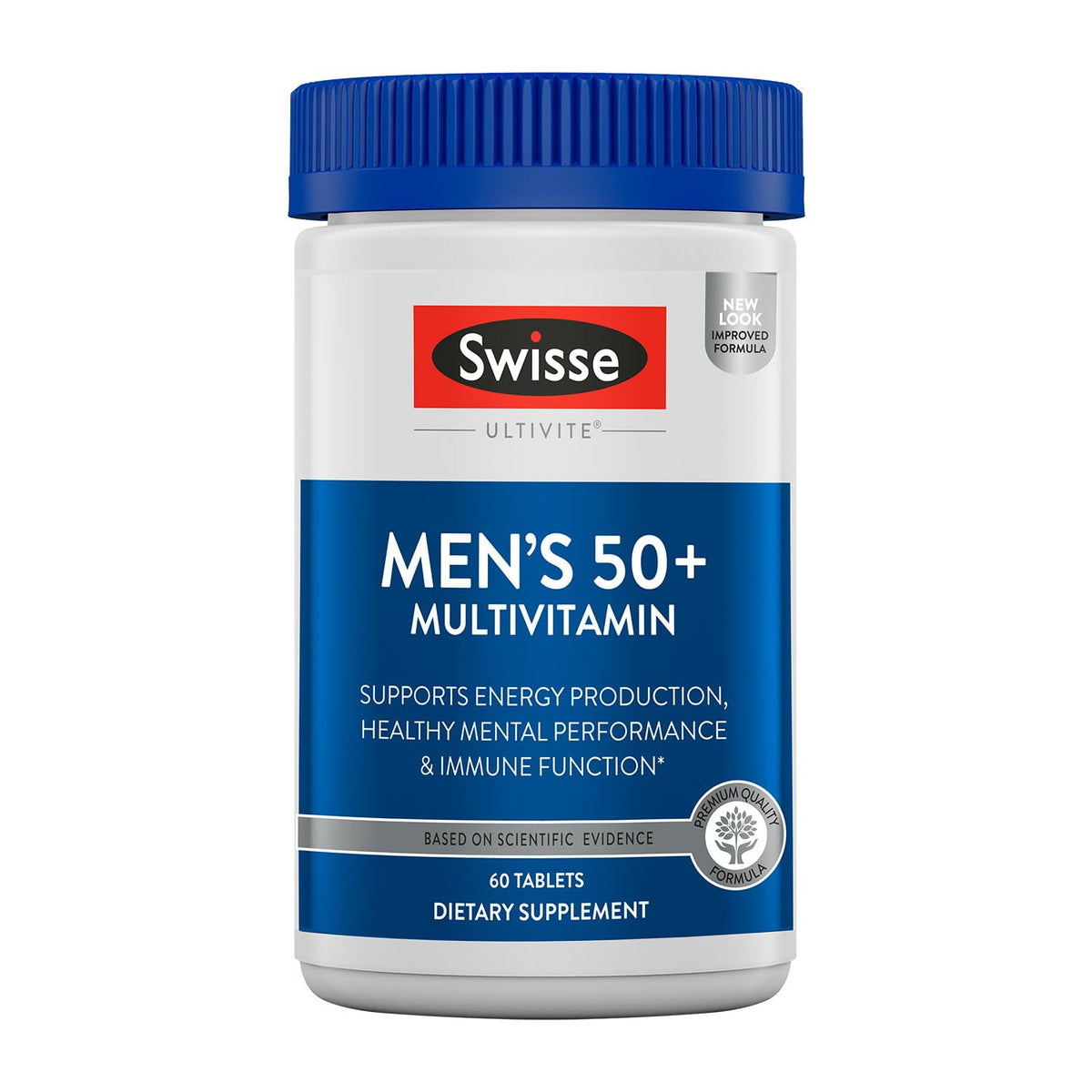 Swisse Daily Multivitamin para hombres 50+ en botella, apoyo a energía diaria.