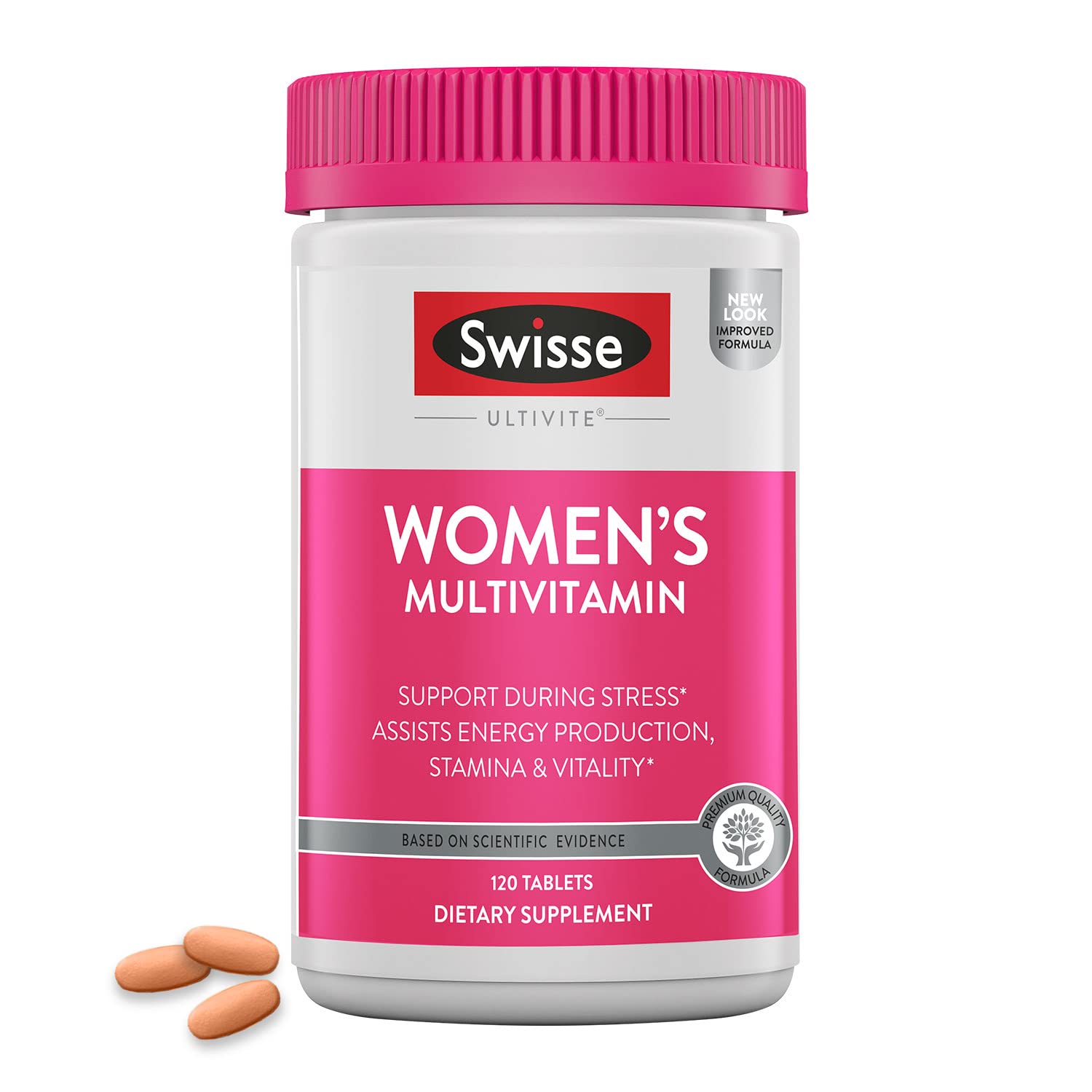 Swisse Multivitamínico Diario para Mujeres: botella frontal, aporta energía diaria.