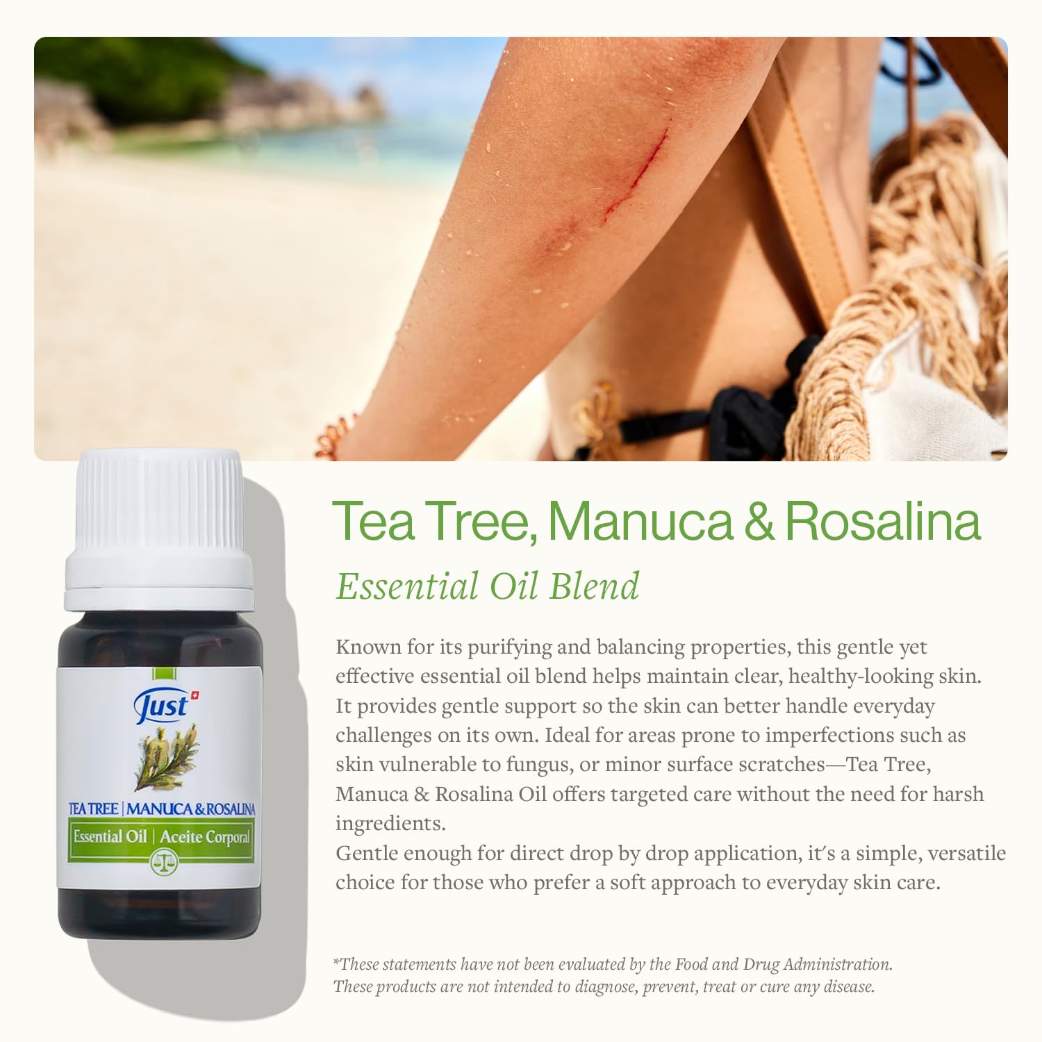 SwissJust Aceite de árbol de té: uso de aplicación puntual para piel sensible