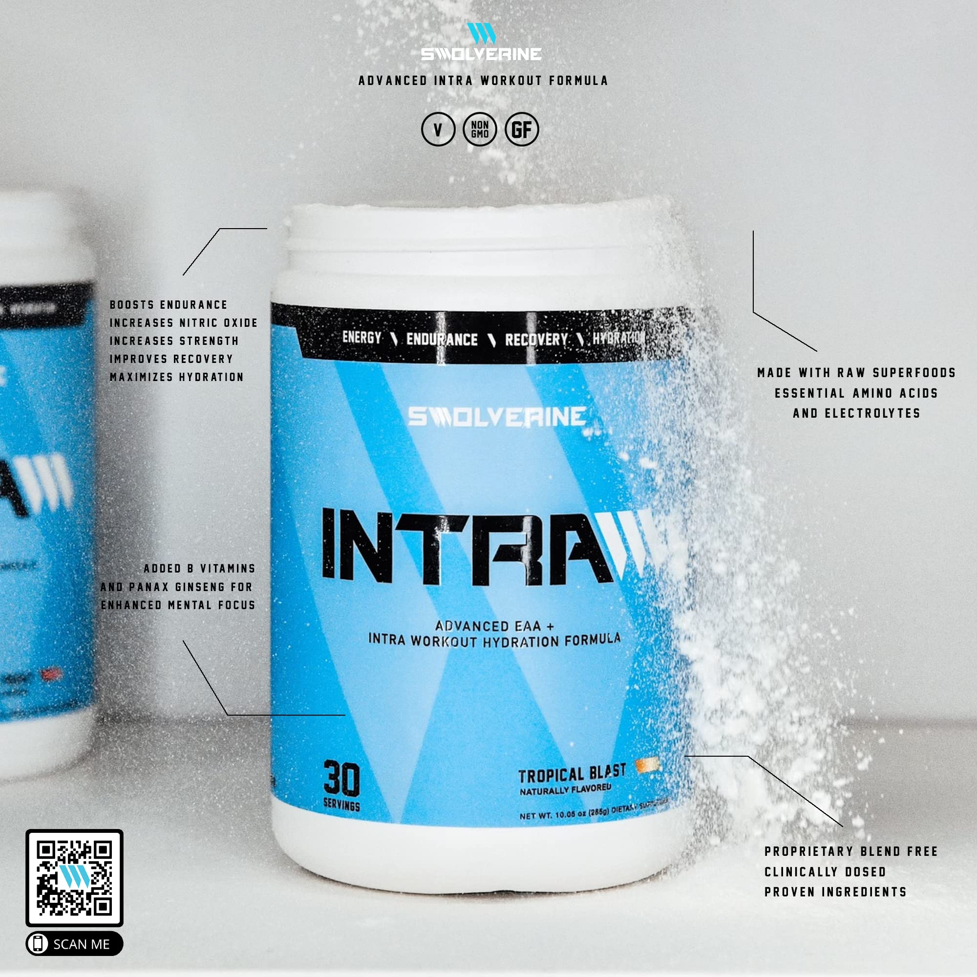 Swolverine Intra: vaso con color tropical que sugiere sabor fresco y recuperación post-entrenamiento.