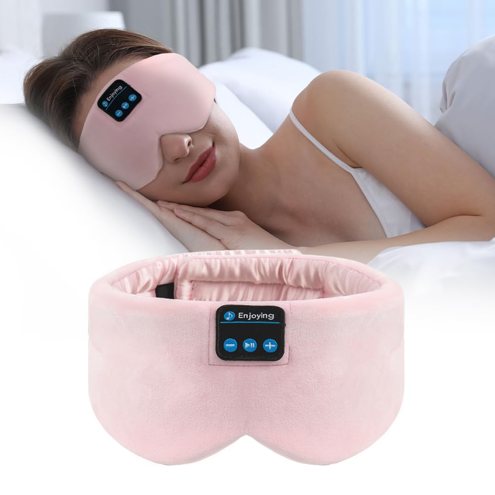 SYPVRY Mascarilla de sueño con Bluetooth y auriculares rosa, ideal para dormir en oscuridad y escuchar música.