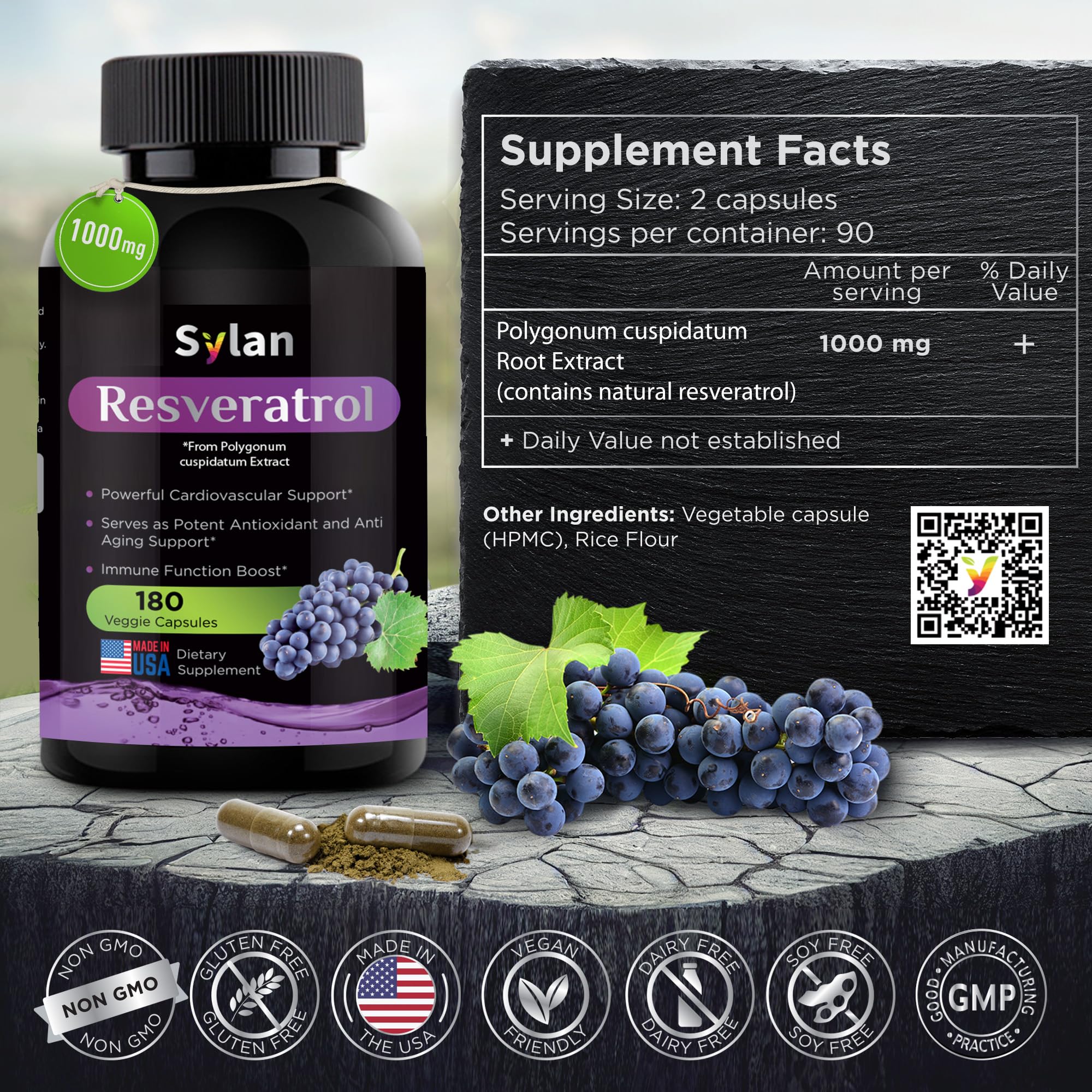 SYLAN Resveratrol, botella de cápsulas, diseño práctico para uso diario.