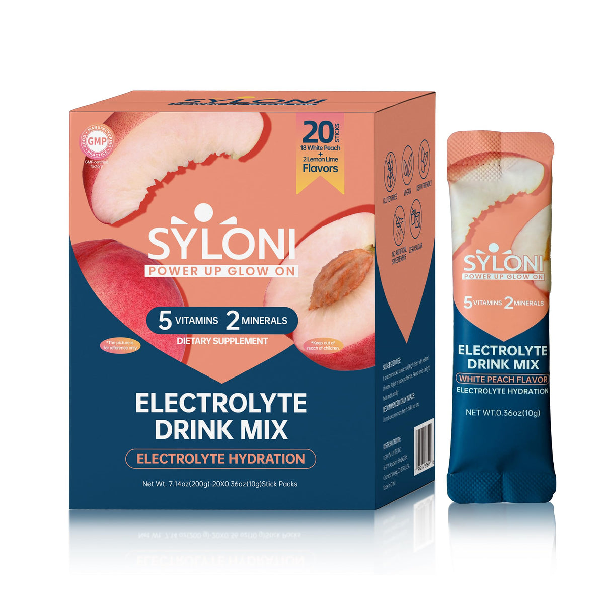 Syloni electrolitos polvo durazno blanco stick 1, hidratación rápida durante el entrenamiento