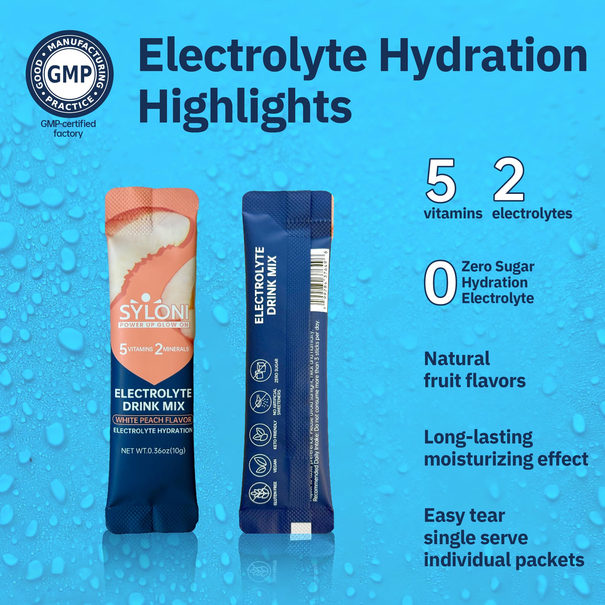 Syloni electrolitos durazno blanco stick 7, práctico para viaje y entrenamiento