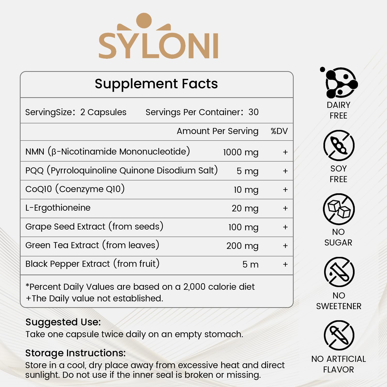 Syloni NMN con PQQ y CoQ10, ingredientes clave y beneficios