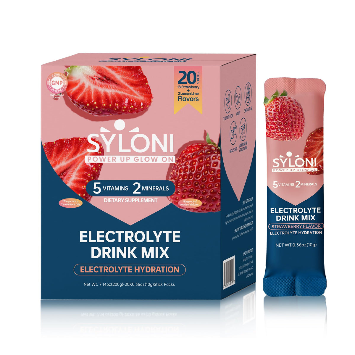 Syloni electrolitos, paquetes sabor fresa, hidratación rápida durante el ejercicio.