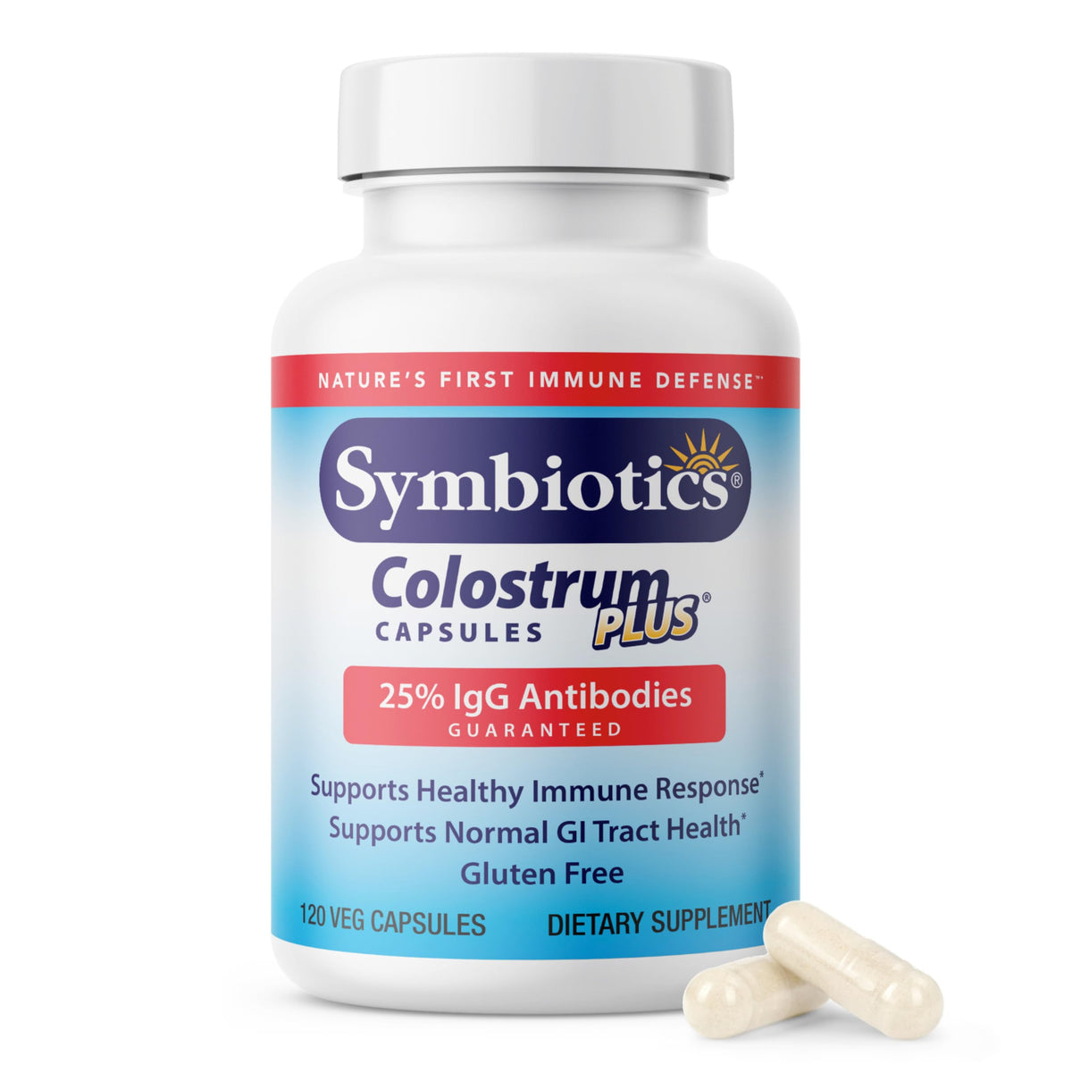Symbiotics Colostrum Cápsulas Vegetales, apoyo diario al sistema inmunitario y digestivo.