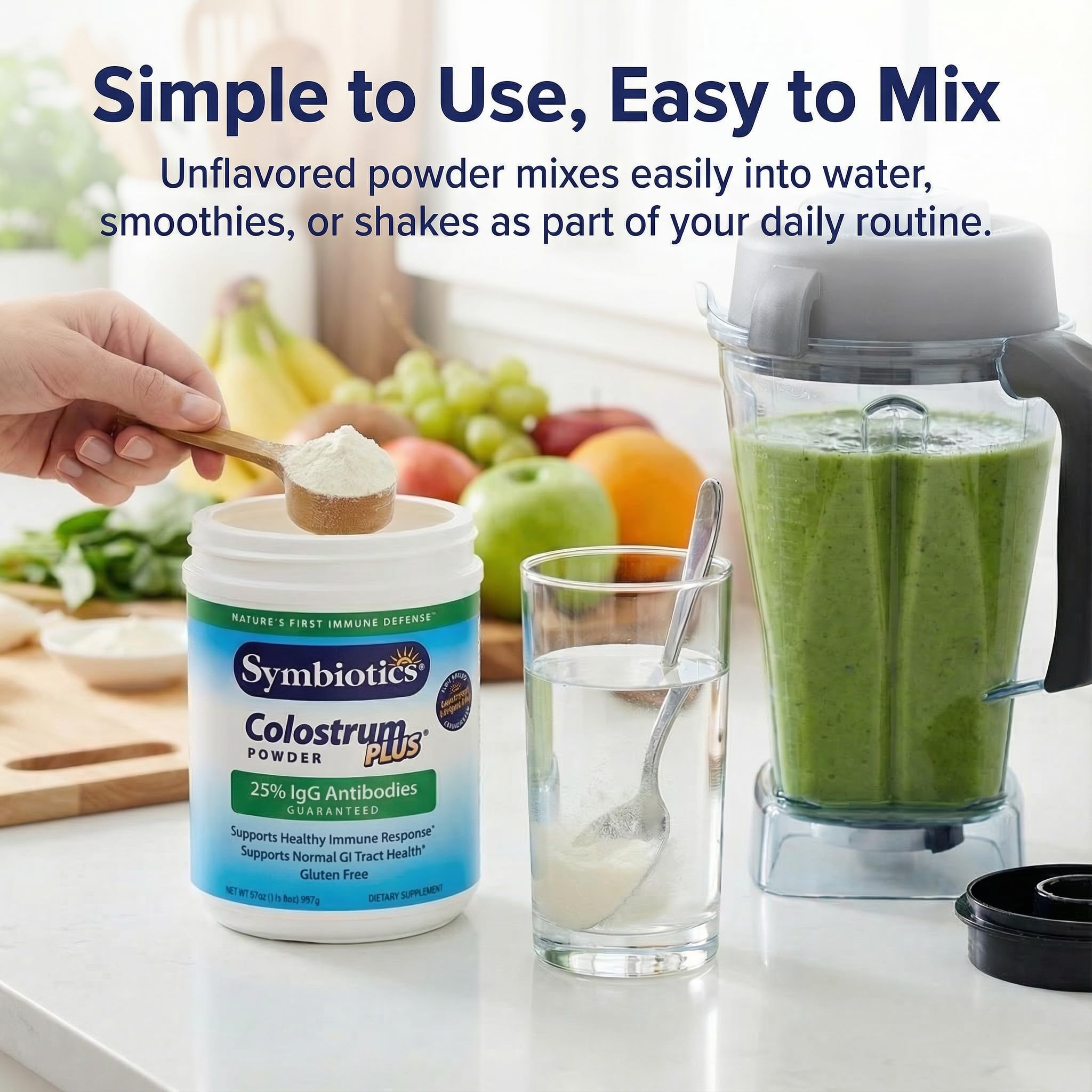 Symbiotics Colostrum Plus Envase en Estante: listo para integrar a la rutina diaria.