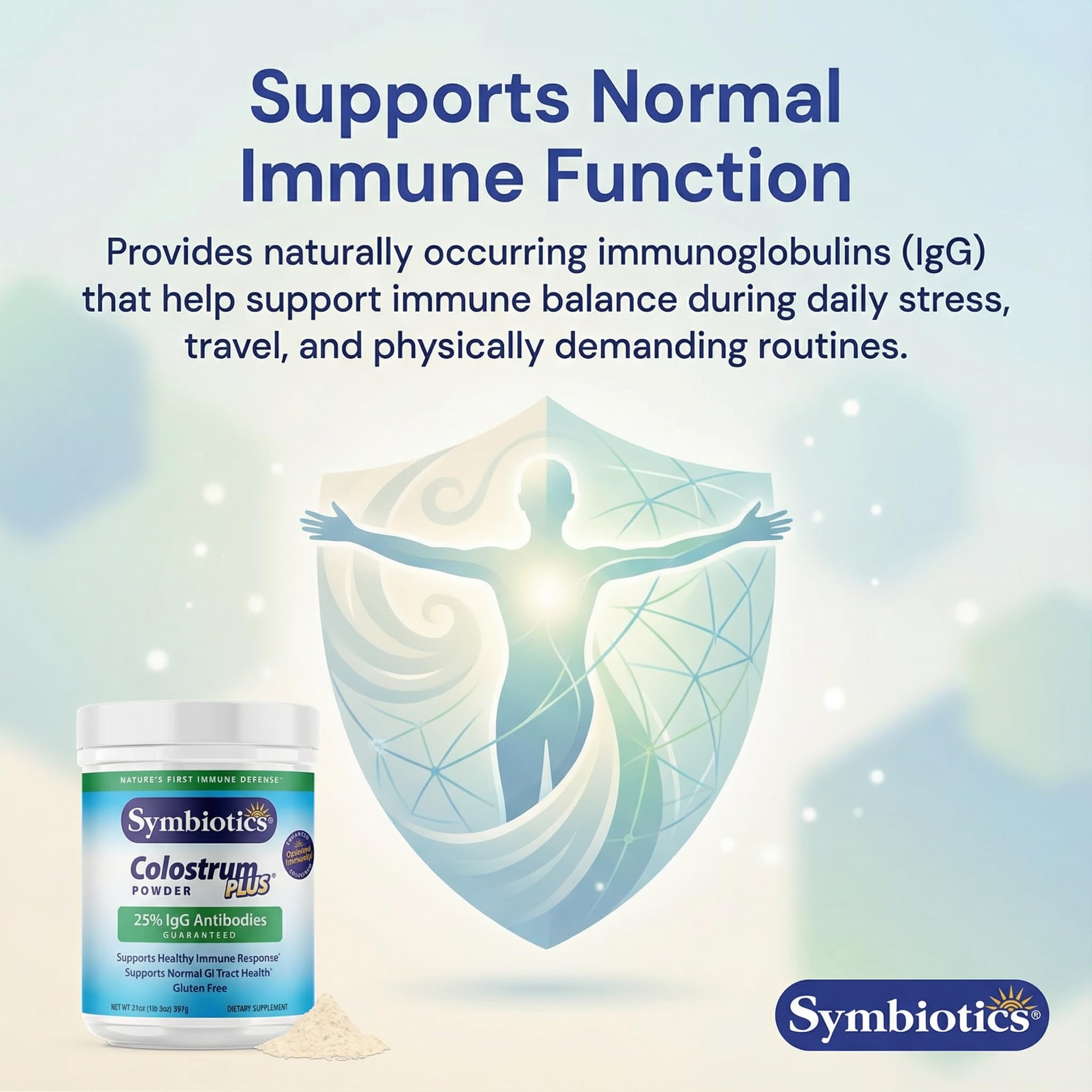 Symbiotics Colostrum Plus, polvo equilibrio nutricional, apoyo diario para balance y energía.