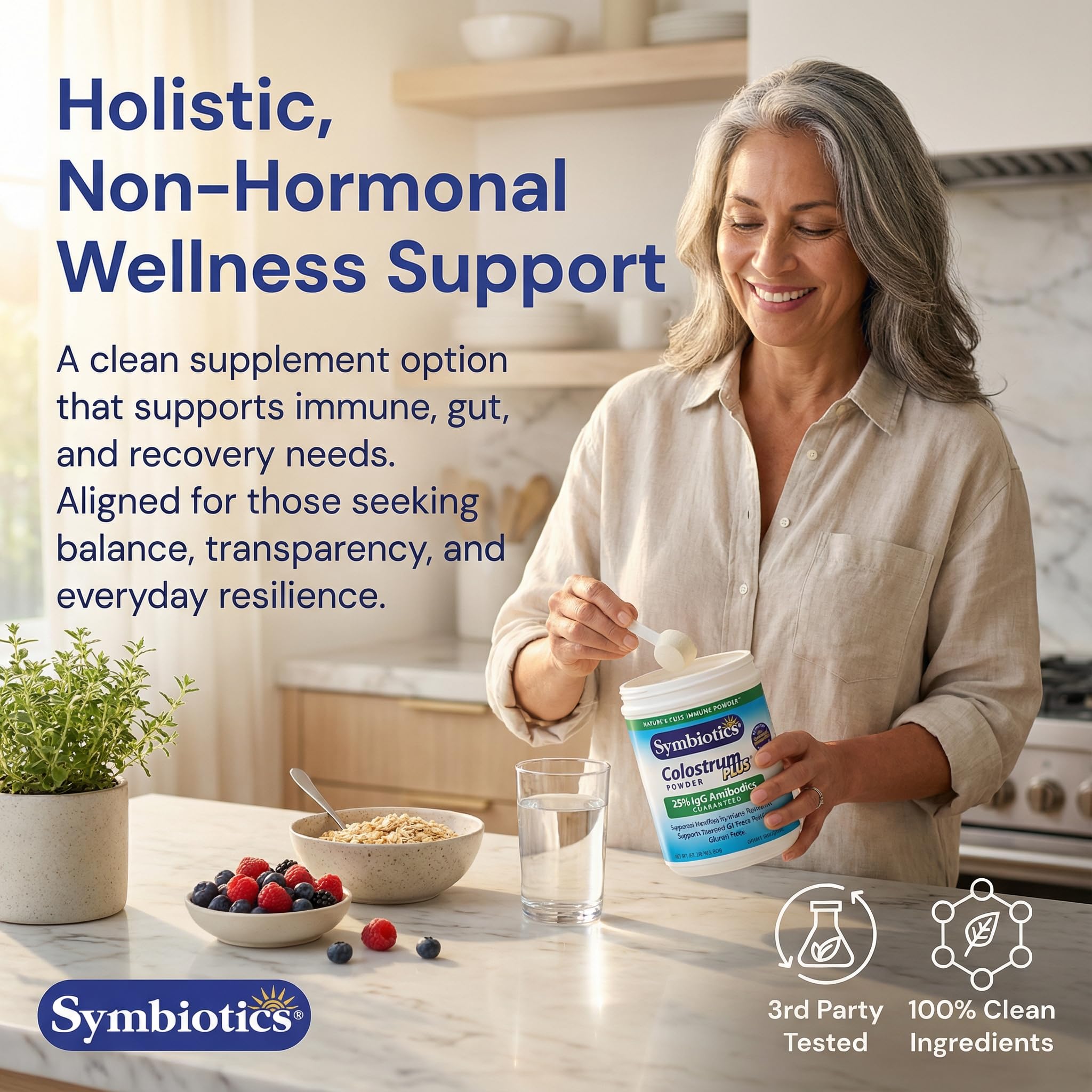 Symbiotics Colostrum Plus, polvo IgG-25, contiene IgG estandarizado para soporte inmunitario.