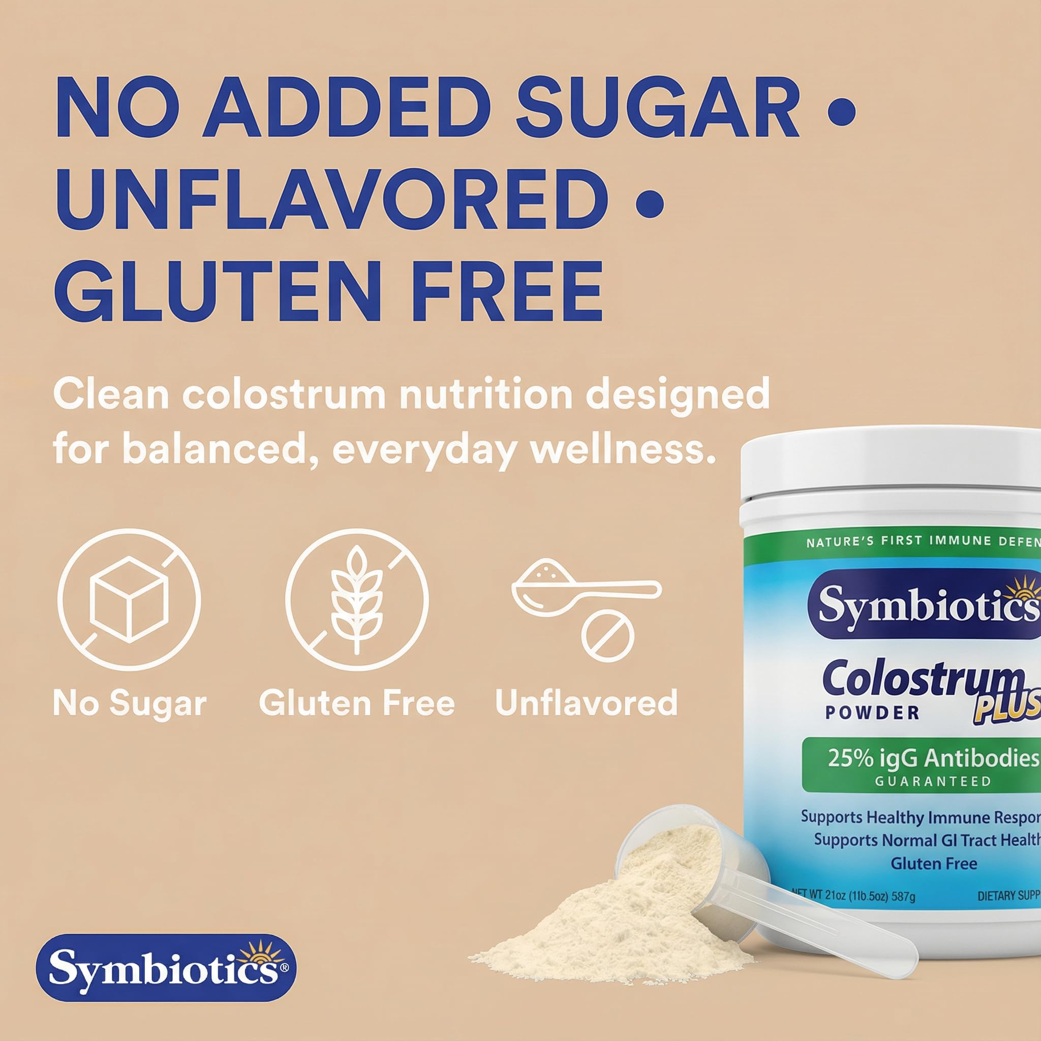 Symbiotics Colostrum Plus, polvo salud intestinal, promueve integridad digestiva y bienestar.