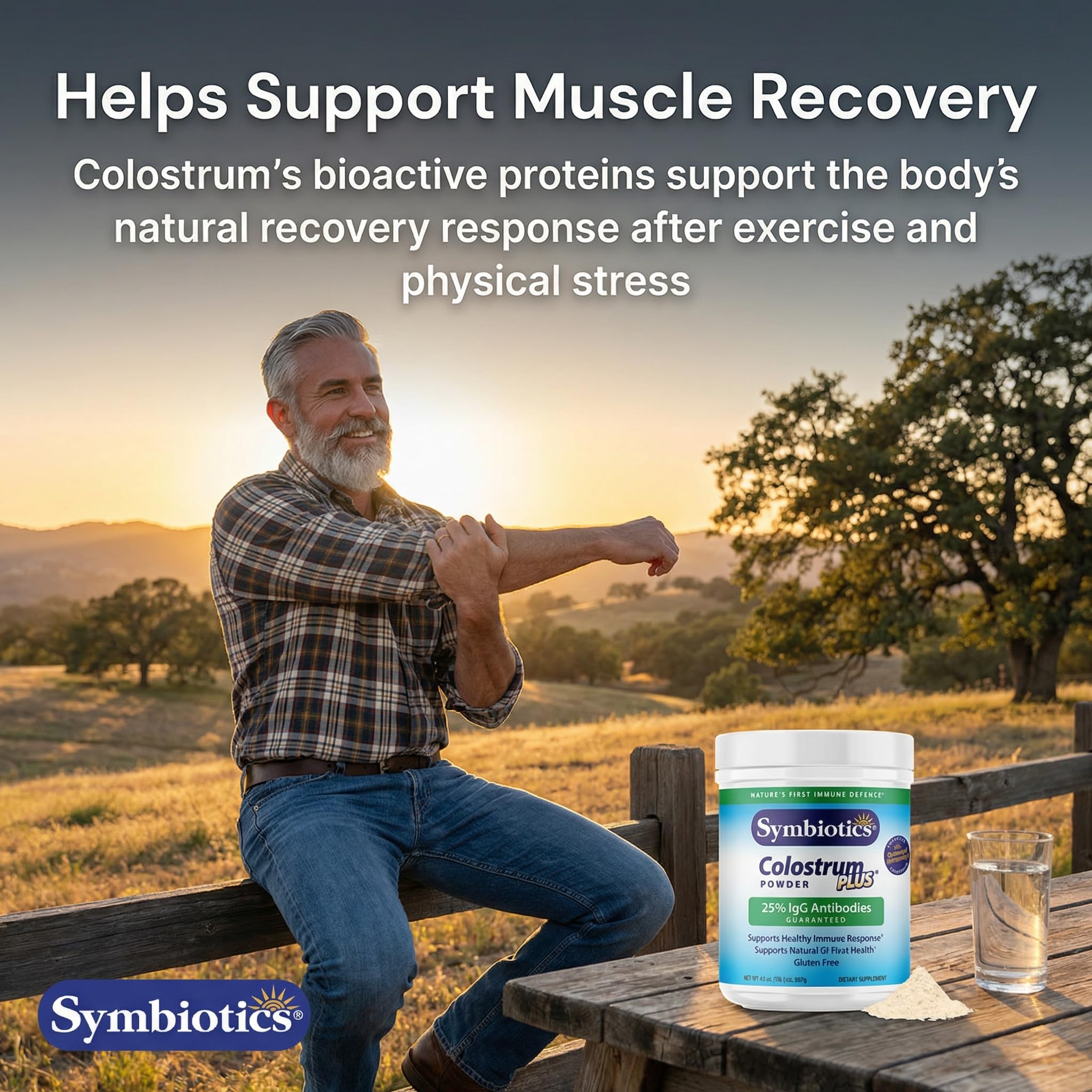 Symbiotics Colostrum Plus, polvo sin azúcar añadido, opción limpia para nutrición consciente.