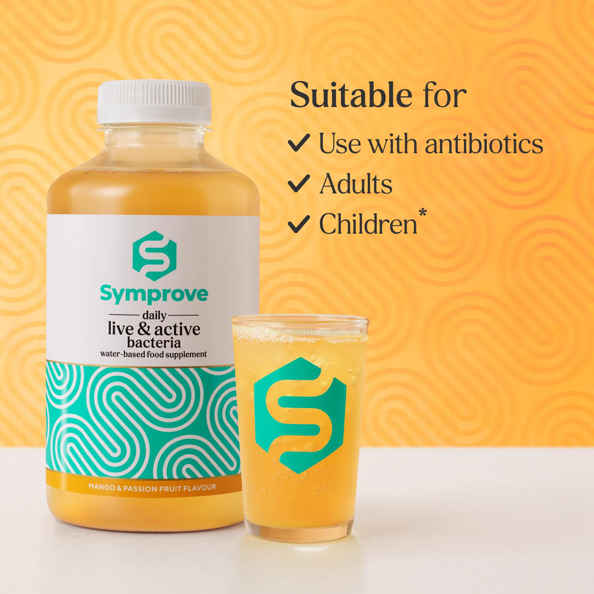 Etiqueta de Symprove Mango y Passionfruit con información de uso y beneficios.