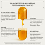 Synchro Gold curcuma liposomada, botella vertida, muestra preparación rápida.