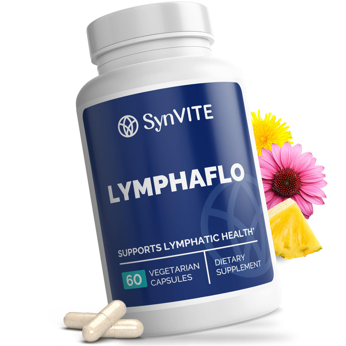 SYNVITE LymphaFlo: cápsulas sobre frasco, apoyo potencial al drenaje linfático.
