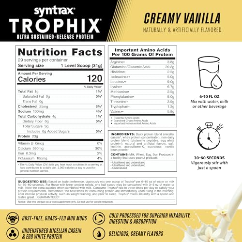 Syntrax Trophix, etiqueta de vainilla cremosa, muestra la calidad del sabor.