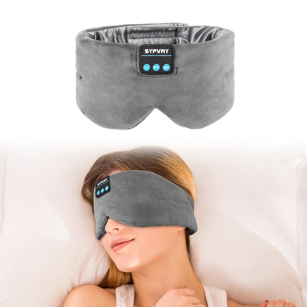 SYPVRY antifaz de sueño con auriculares Bluetooth y seda suave para descanso cómodo.