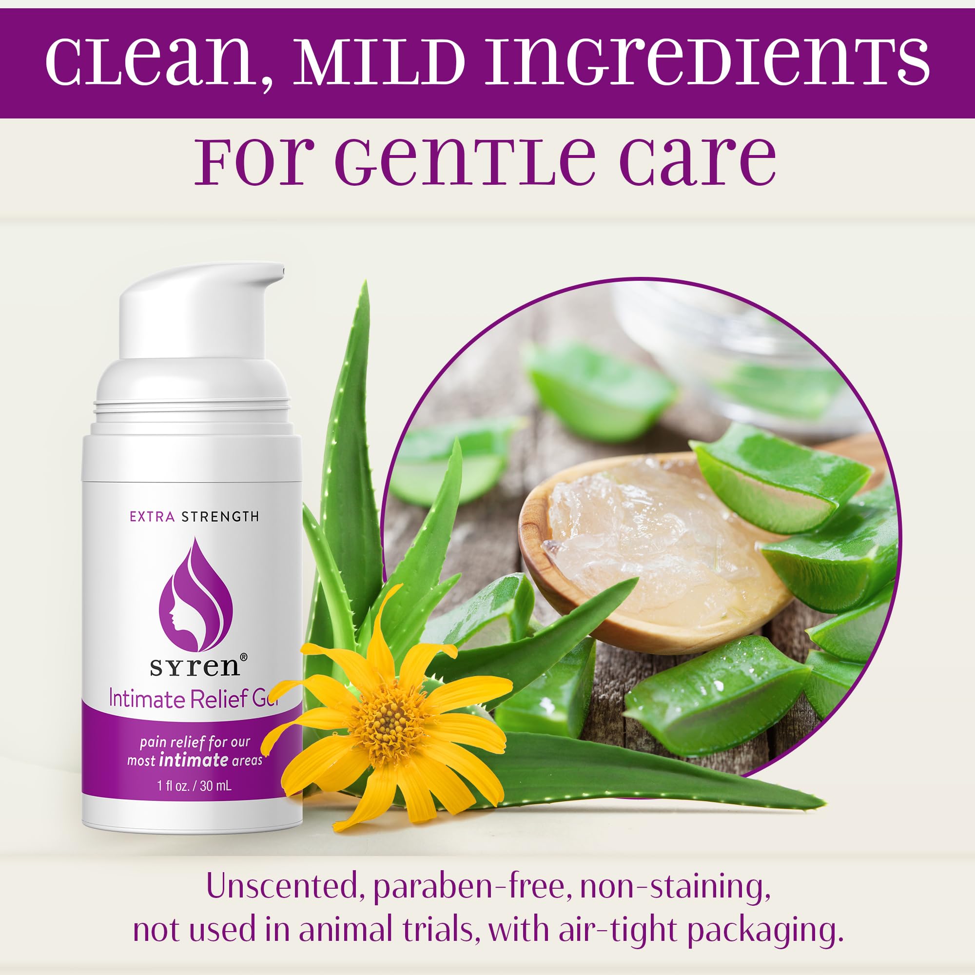 SYREN Ingredientes naturales: aloe vera, vitamina E y arnica para hidratación suave.