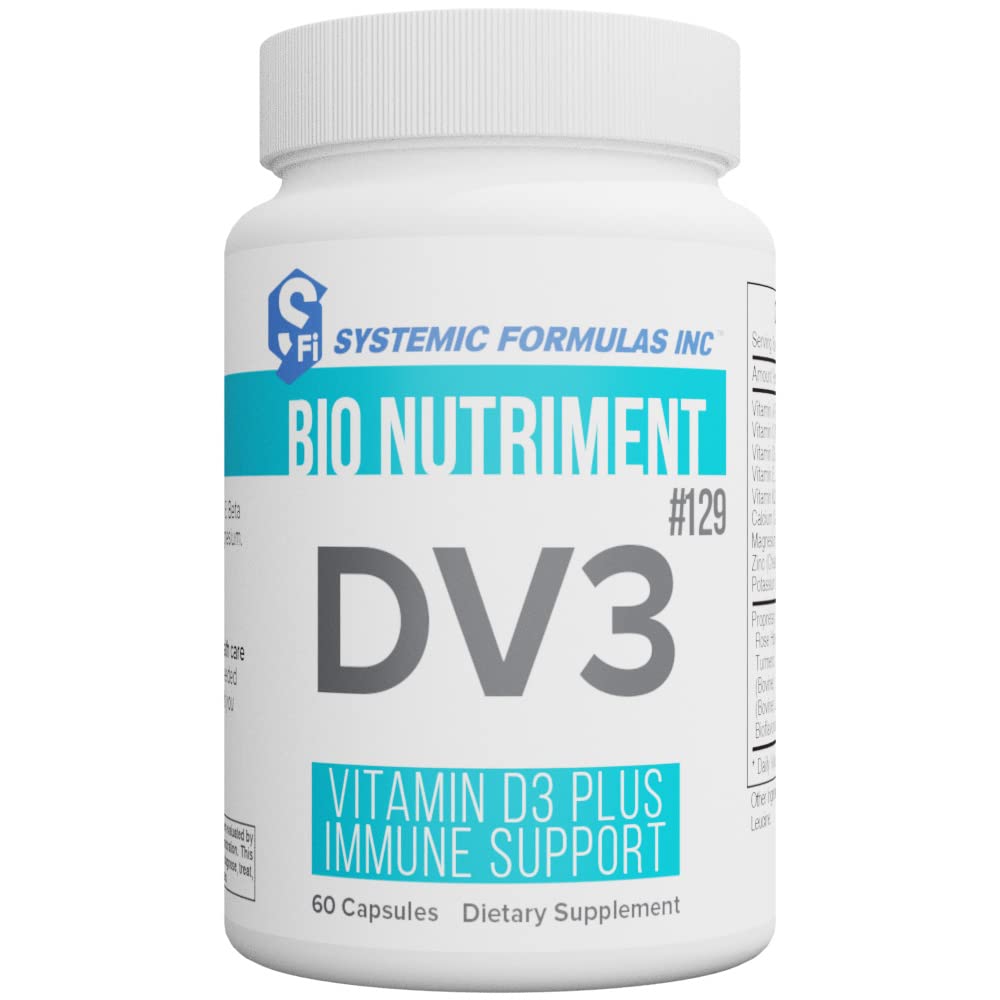 Systemic Formulas DV3 BioNutriment, botella mostrando la dosis diaria para inmunidad