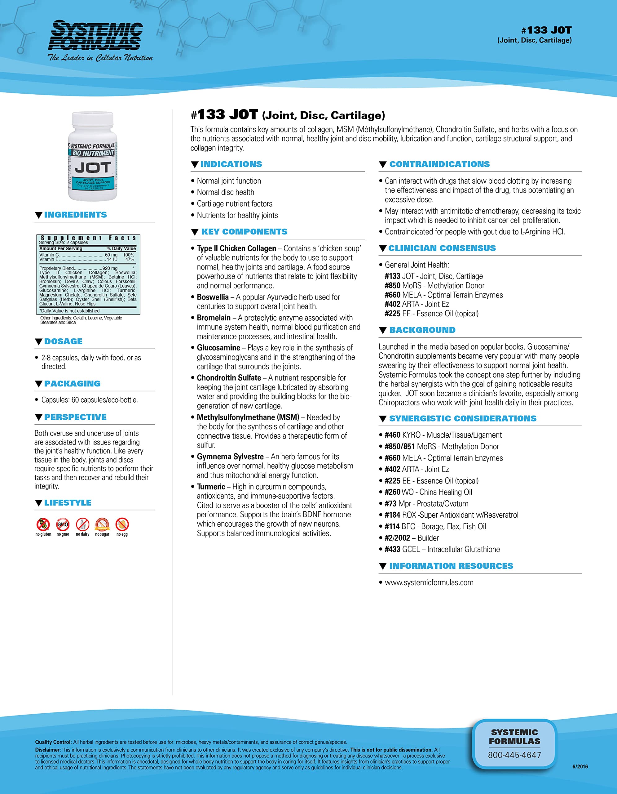 Systemic Formulas JOT, composición clave de colágeno y condroitina para la salud articular.