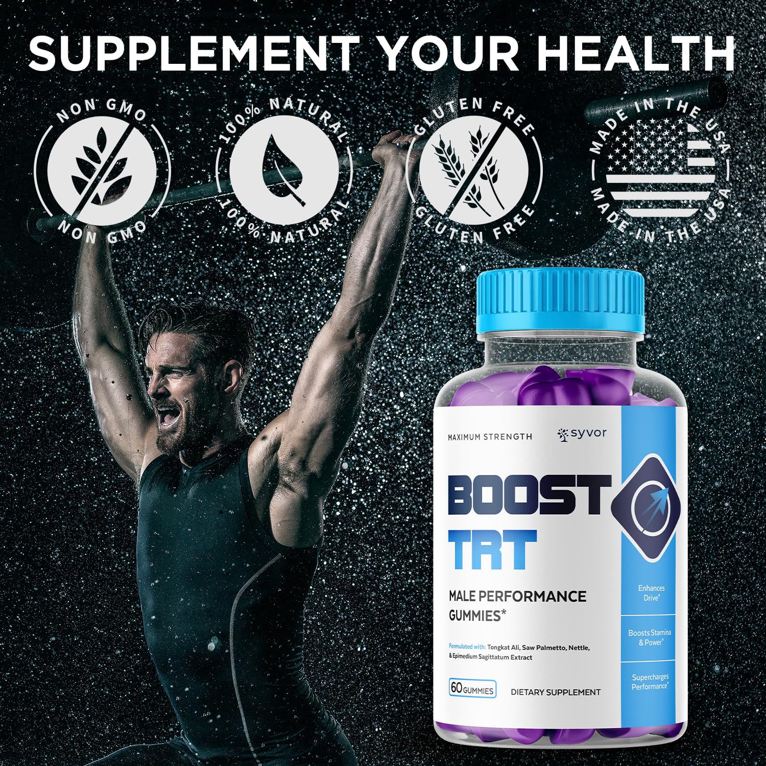 Syvor Boost TRT Gummies, etiqueta clara y legible con datos clave