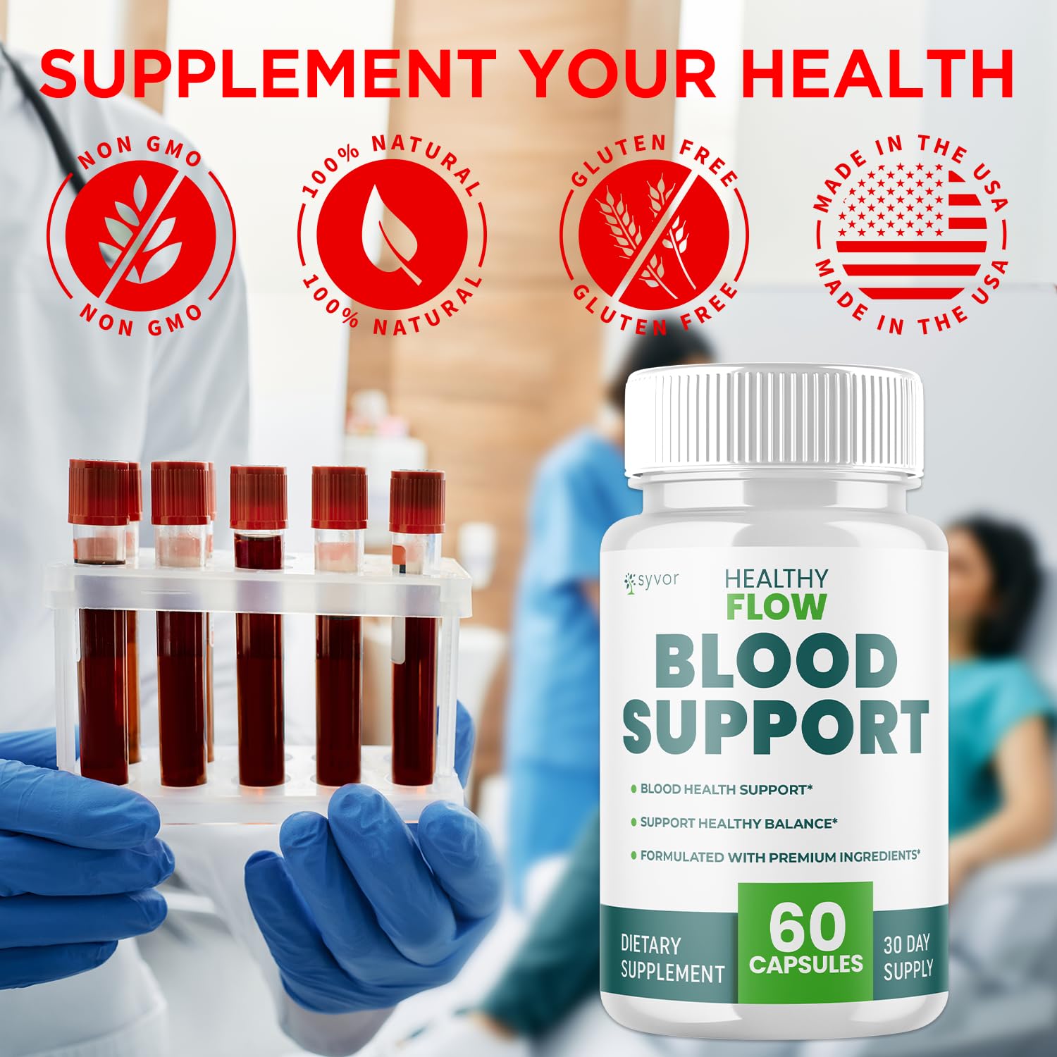 Syvor Healthy Flow Frasco: etiqueta legible y dosis por porción para seguimiento.