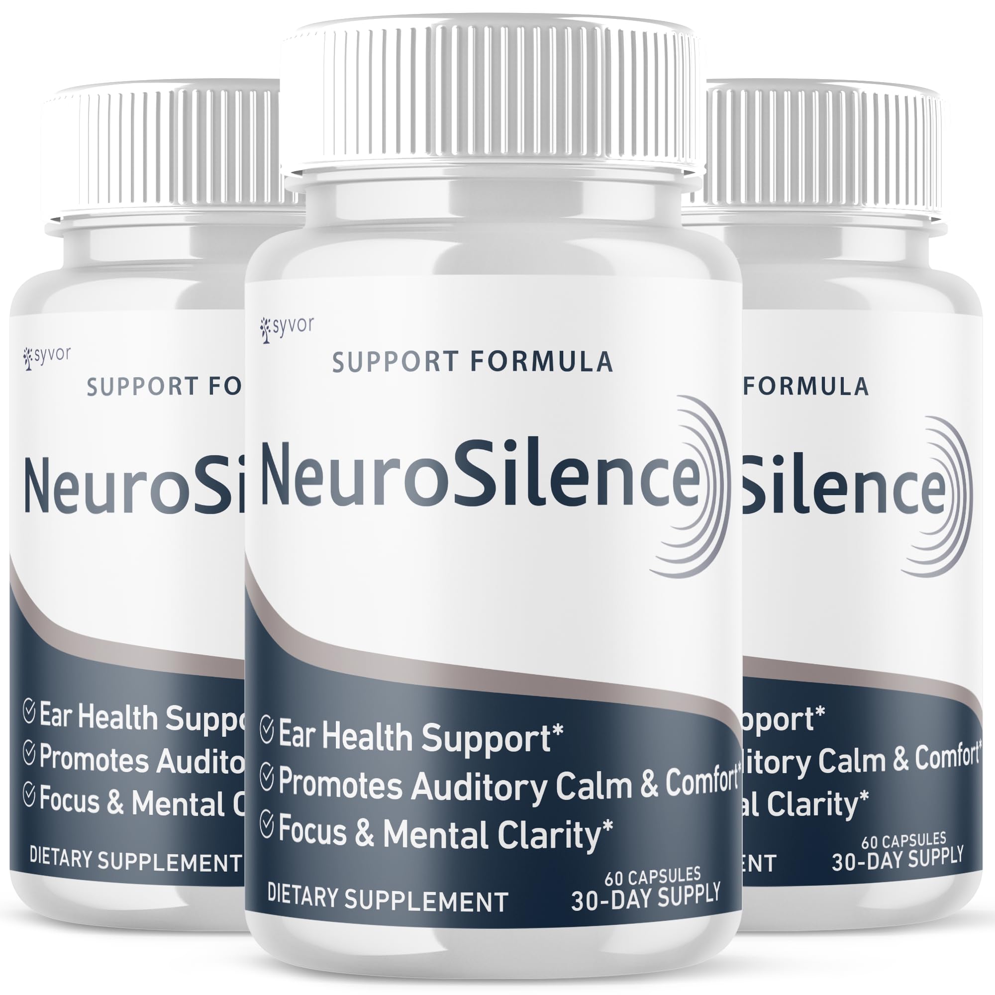 Cápsulas Neurosilence en botella Syvor para uso diario y bienestar general.
