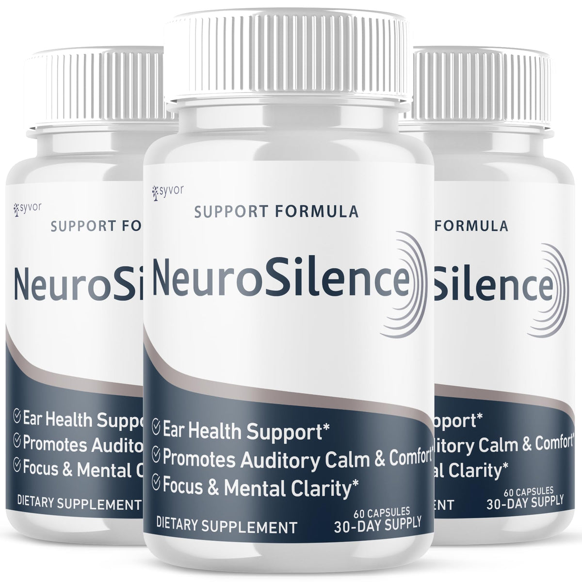 Cápsulas Neurosilence en botella Syvor para uso diario y bienestar general.