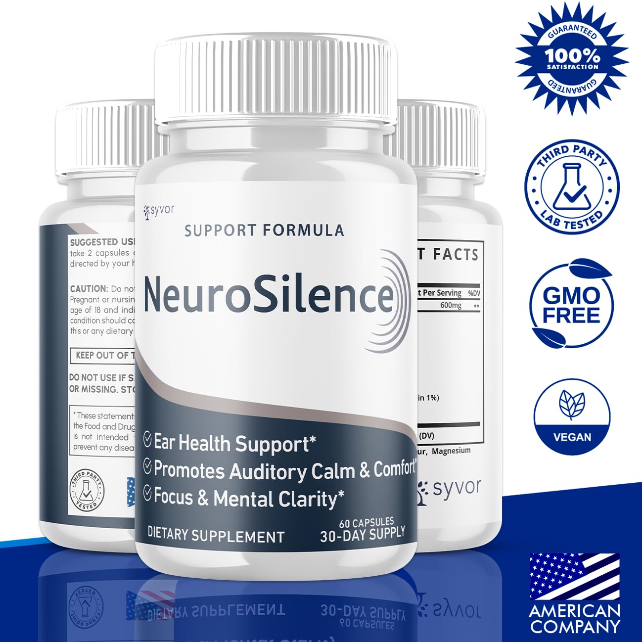 Etiqueta frontal de Neurosilence muestra la marca Syvor y beneficios naturales.
