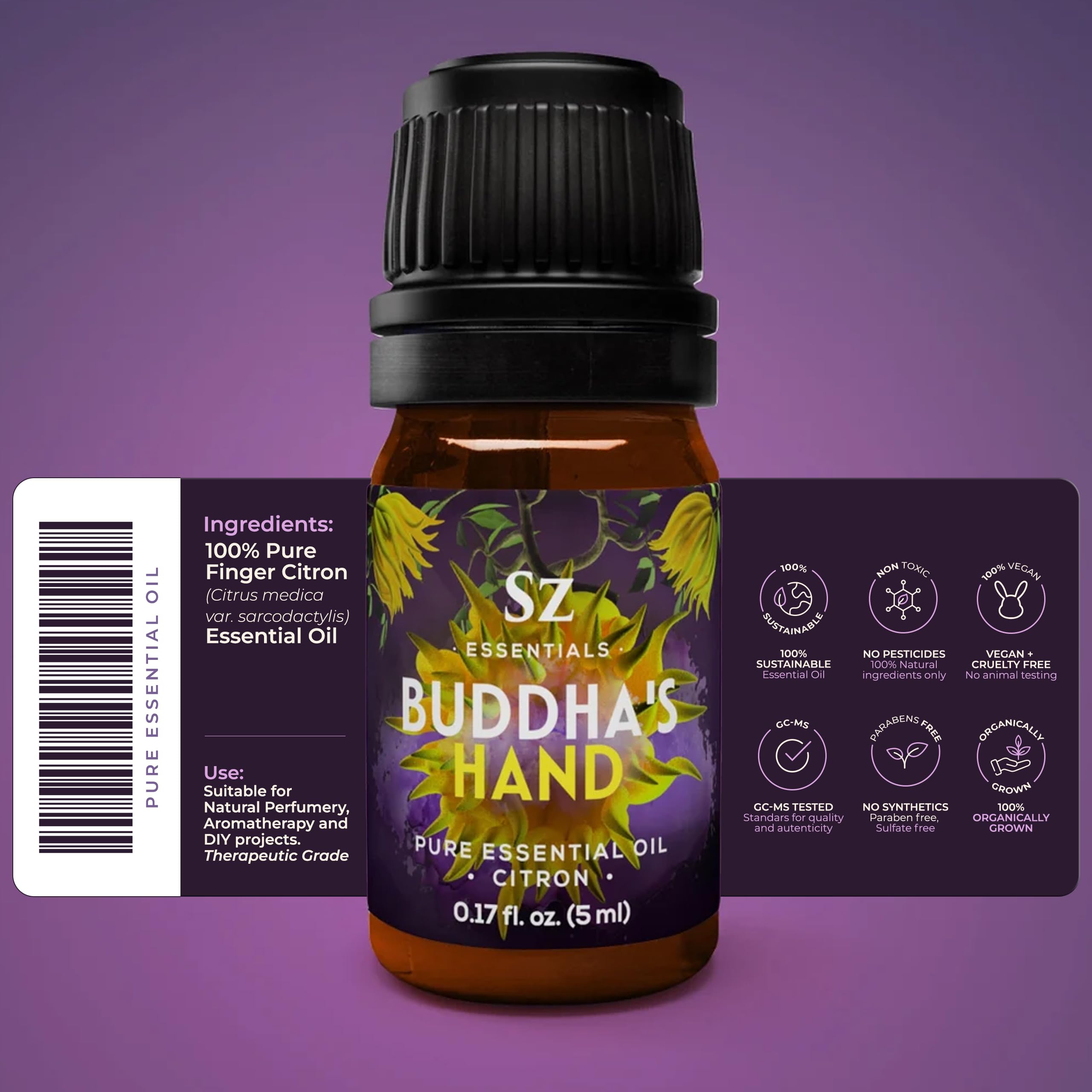 Sz Essentials Buddha's Hand: etiqueta que indica origen italiano para fragancias únicas.