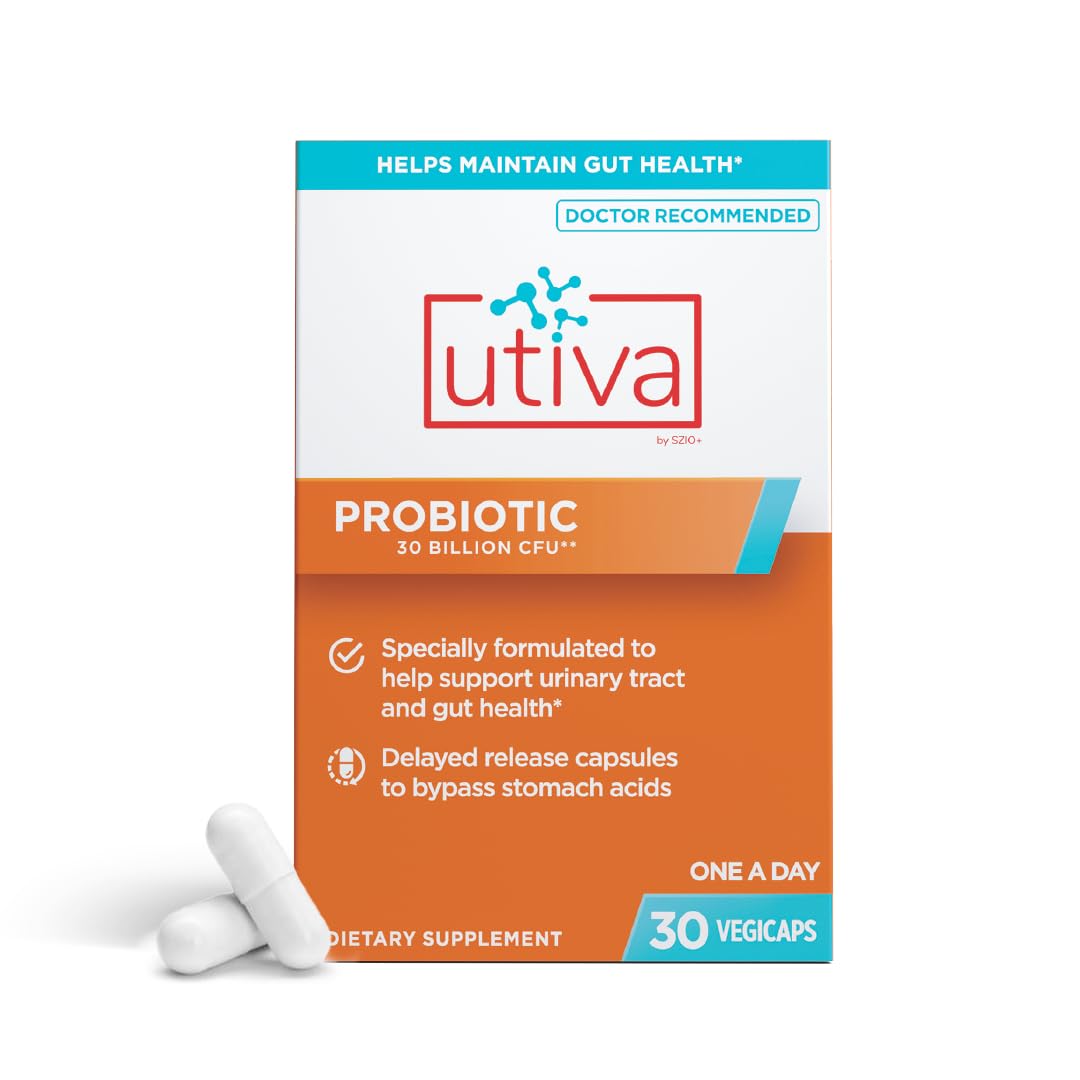 Szio+ Utiva Probiotic: botella con cápsulas de liberación retardada para soporte intestinal.