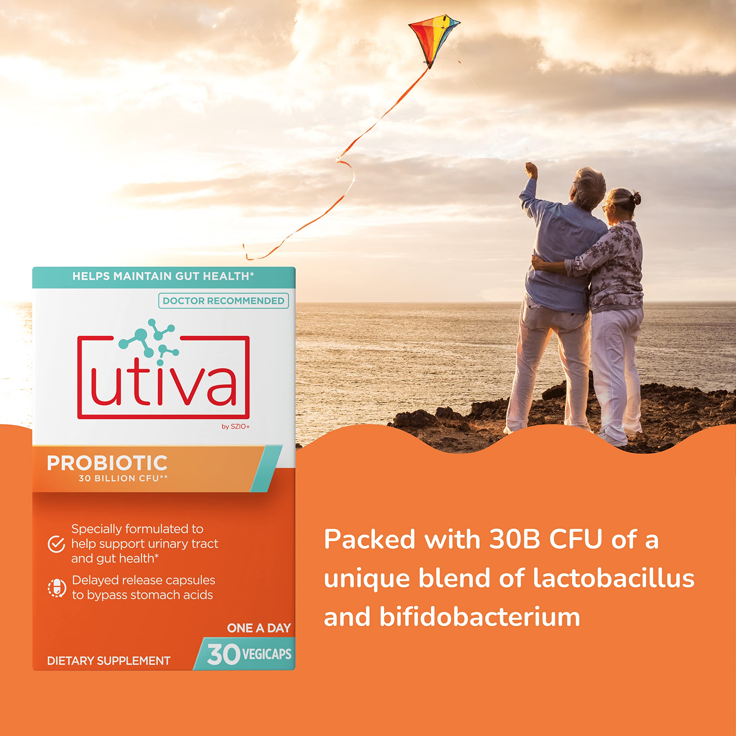 Szio+ Utiva Probiotic: etiqueta frontal destacando mezcla natural de cepas probióticas.