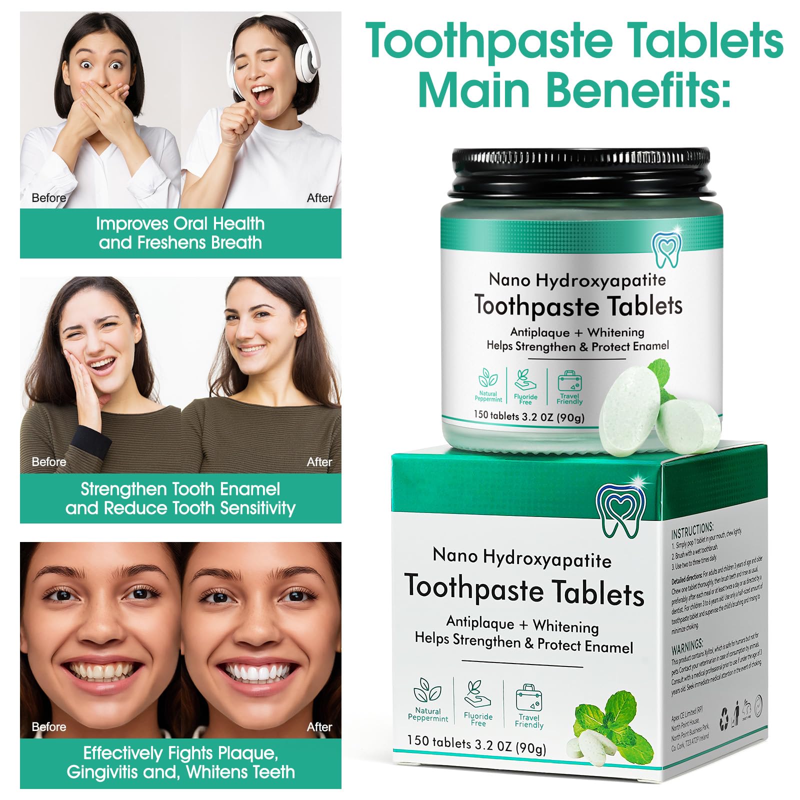 Tabletas dentales de menta para dientes sensibles, sabor suave