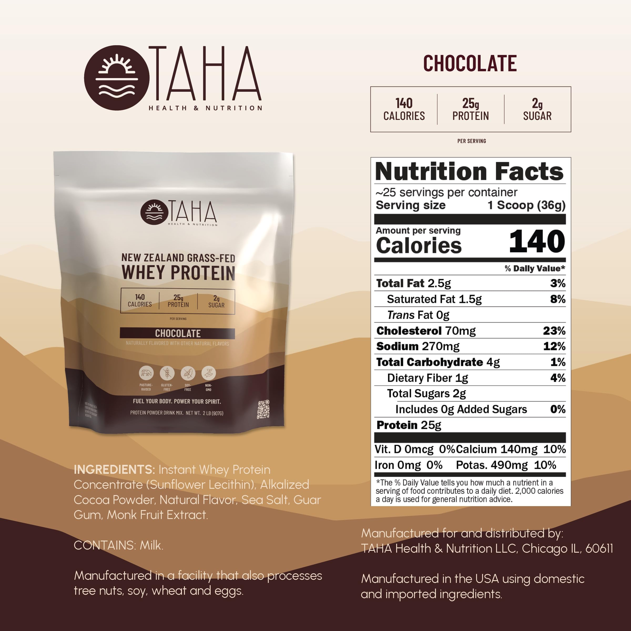 Batido de chocolate de Taha Health Nutrition en vaso para energía diaria.